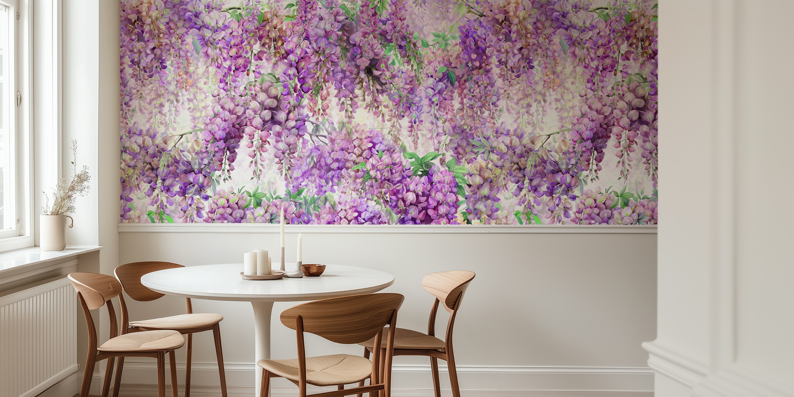 Purple wisteria flowers cascading on white wallpaper
