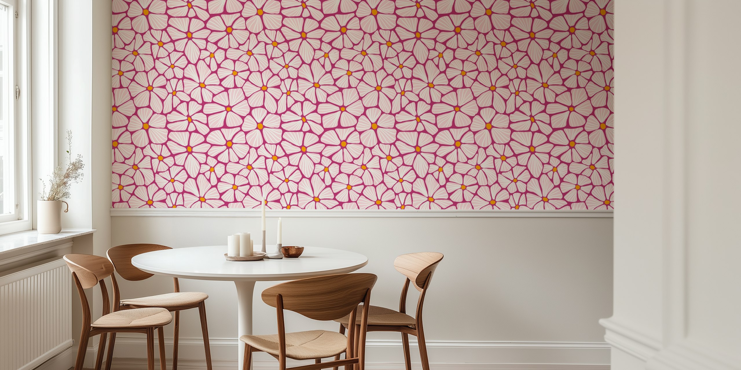 Pink and white floral pattern on berry background wallpaper