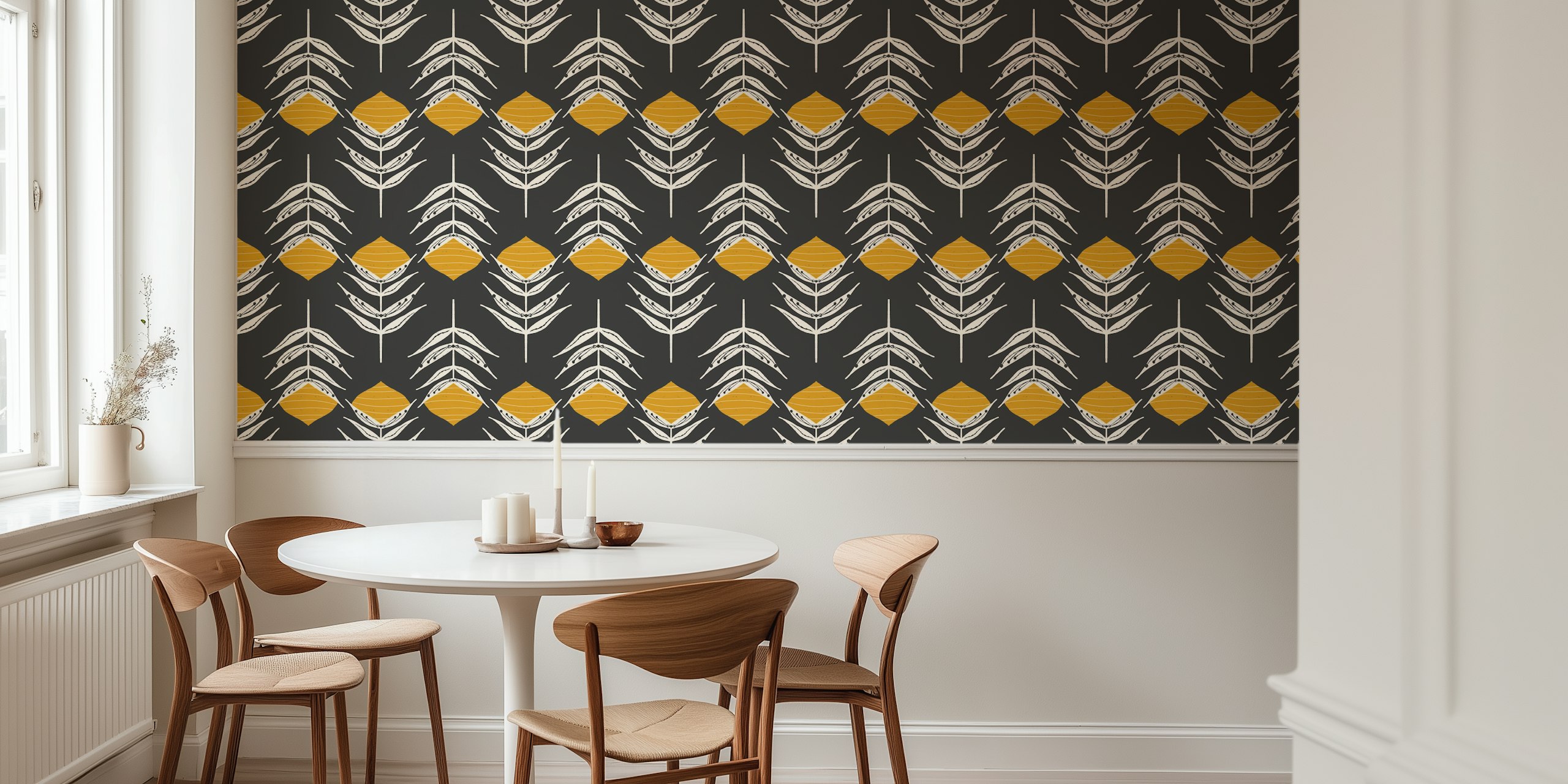 Boho peacock feather floral design in charcoal and mustard wallpaper