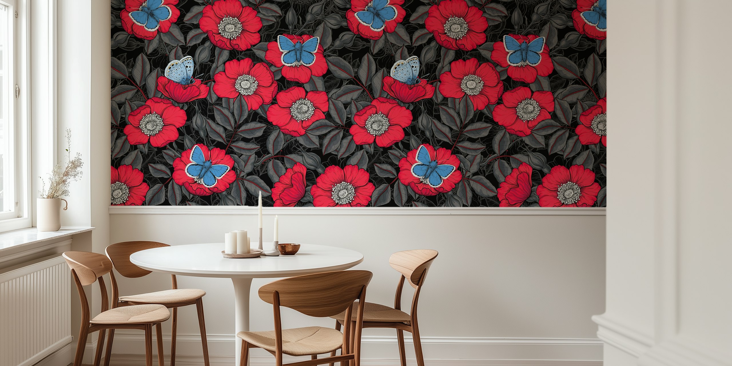 Dog rose and blue butterflies tapetdesign