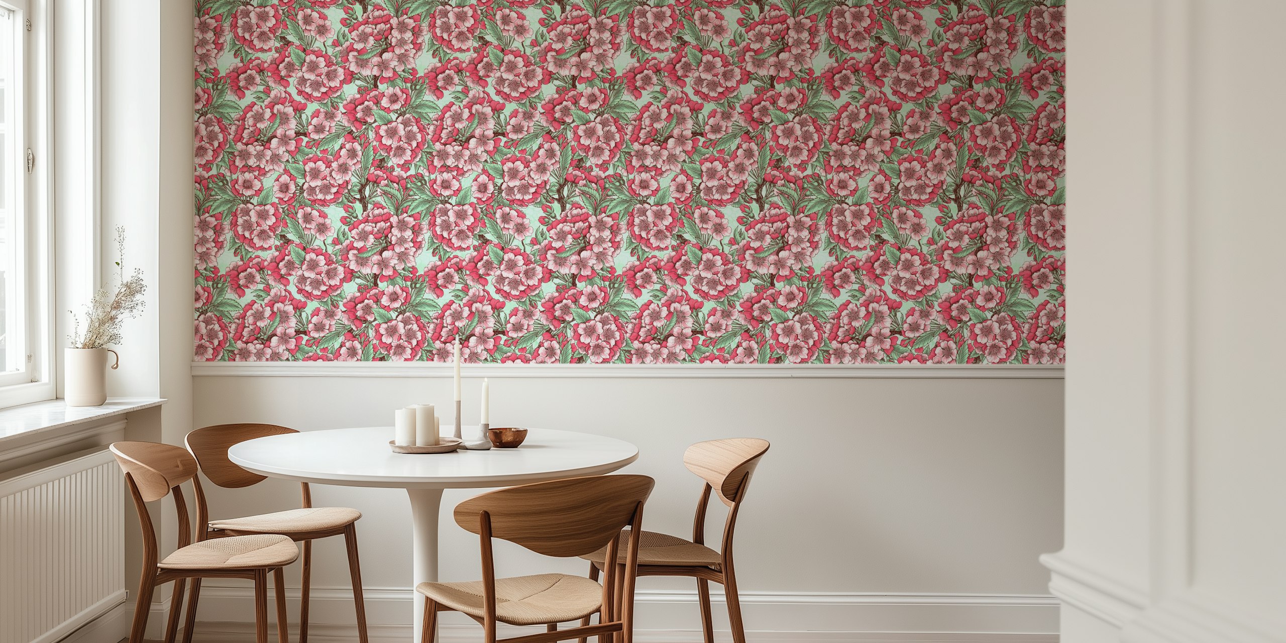 Cherry blossom flowers in pink with green leaves wallpaper