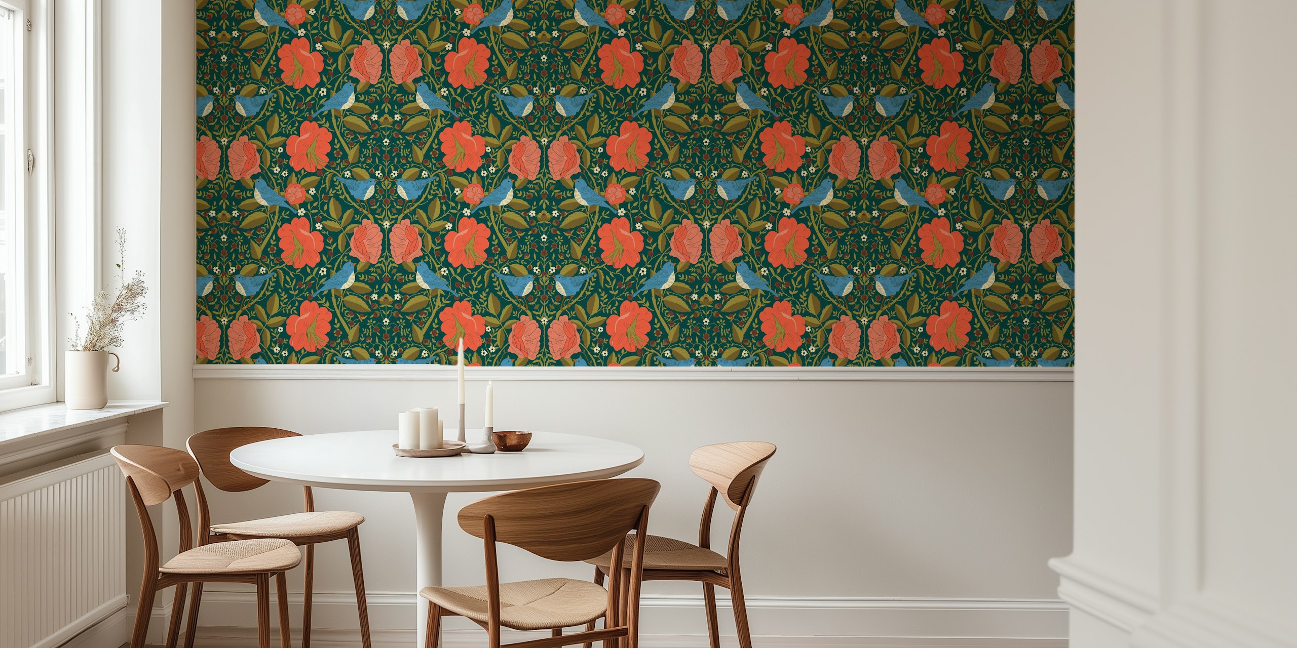Floral wallpaper featuring blue birds and red flowers on a green background