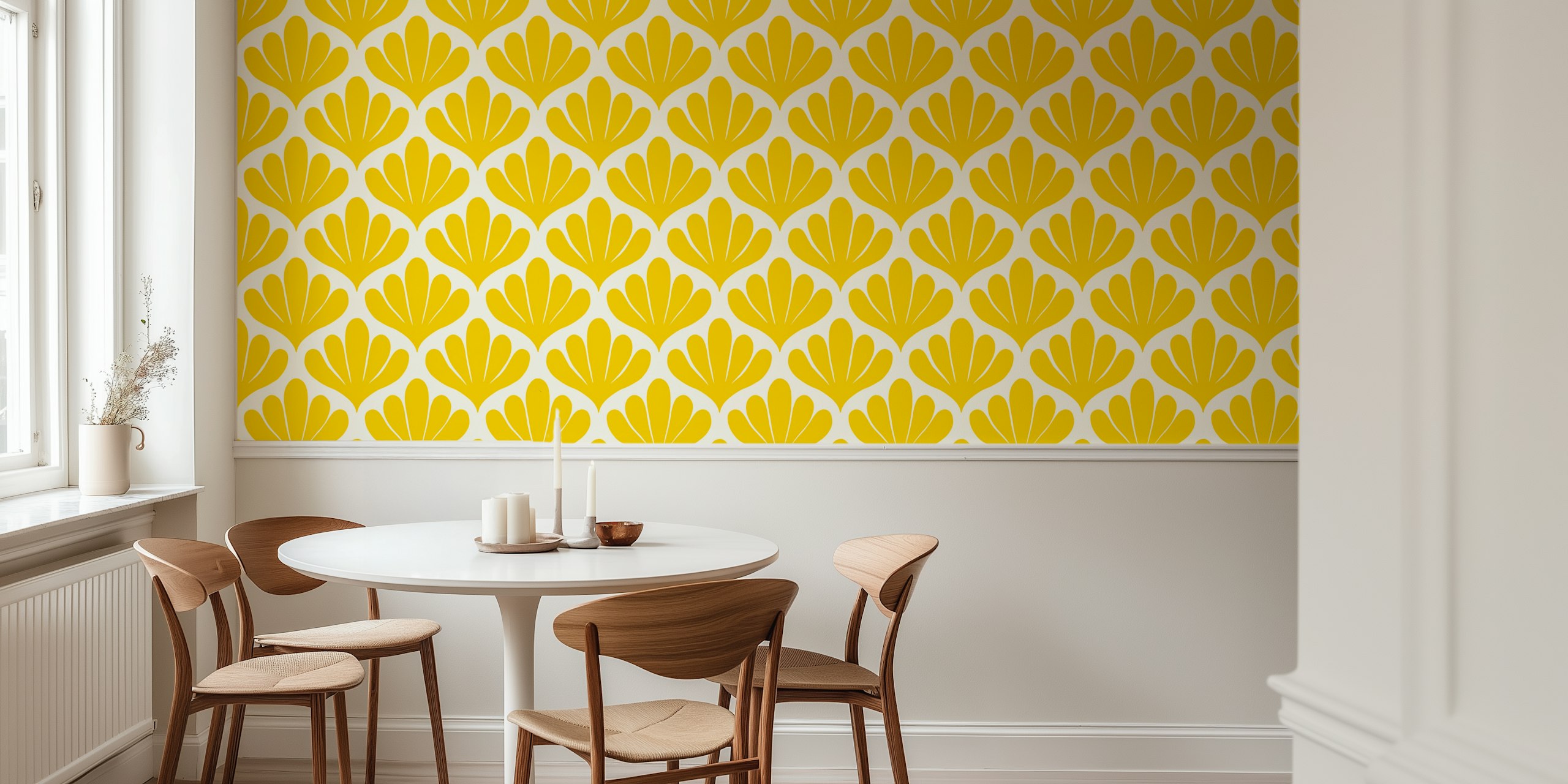 Simple botanical damask wallpaper in a room