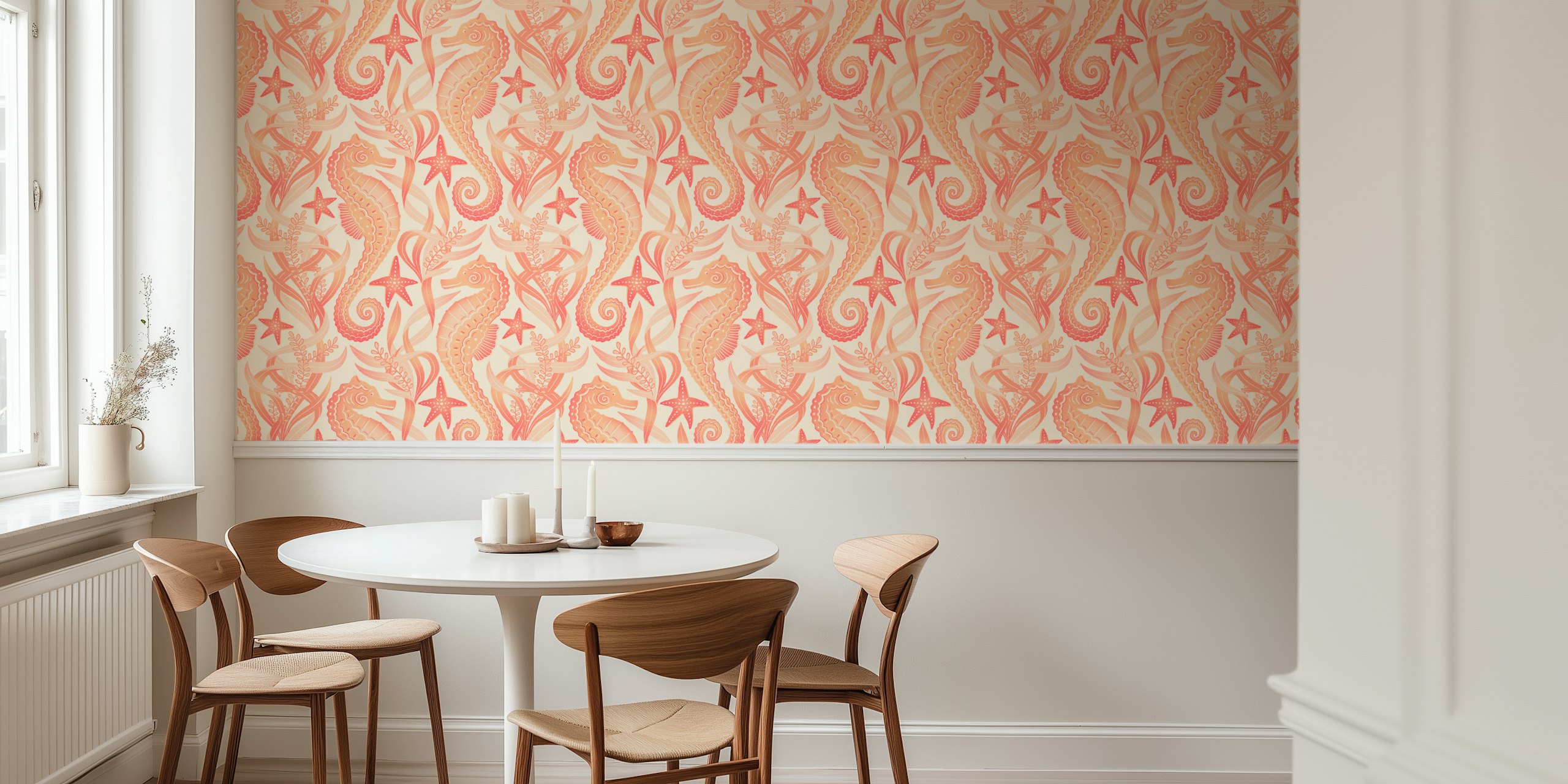 Decorazione murale con dolci cavallucci marini e stelle marine su sfondo color pesca