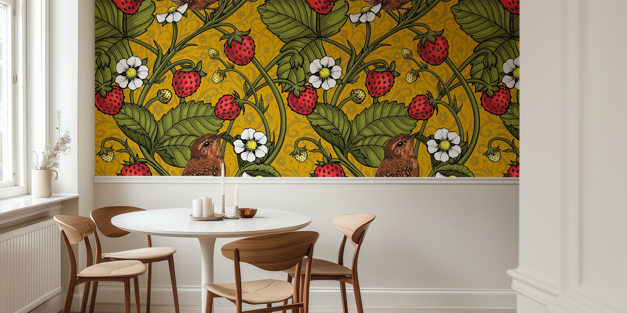 Wrens and strawberries wallpaper in una stanza