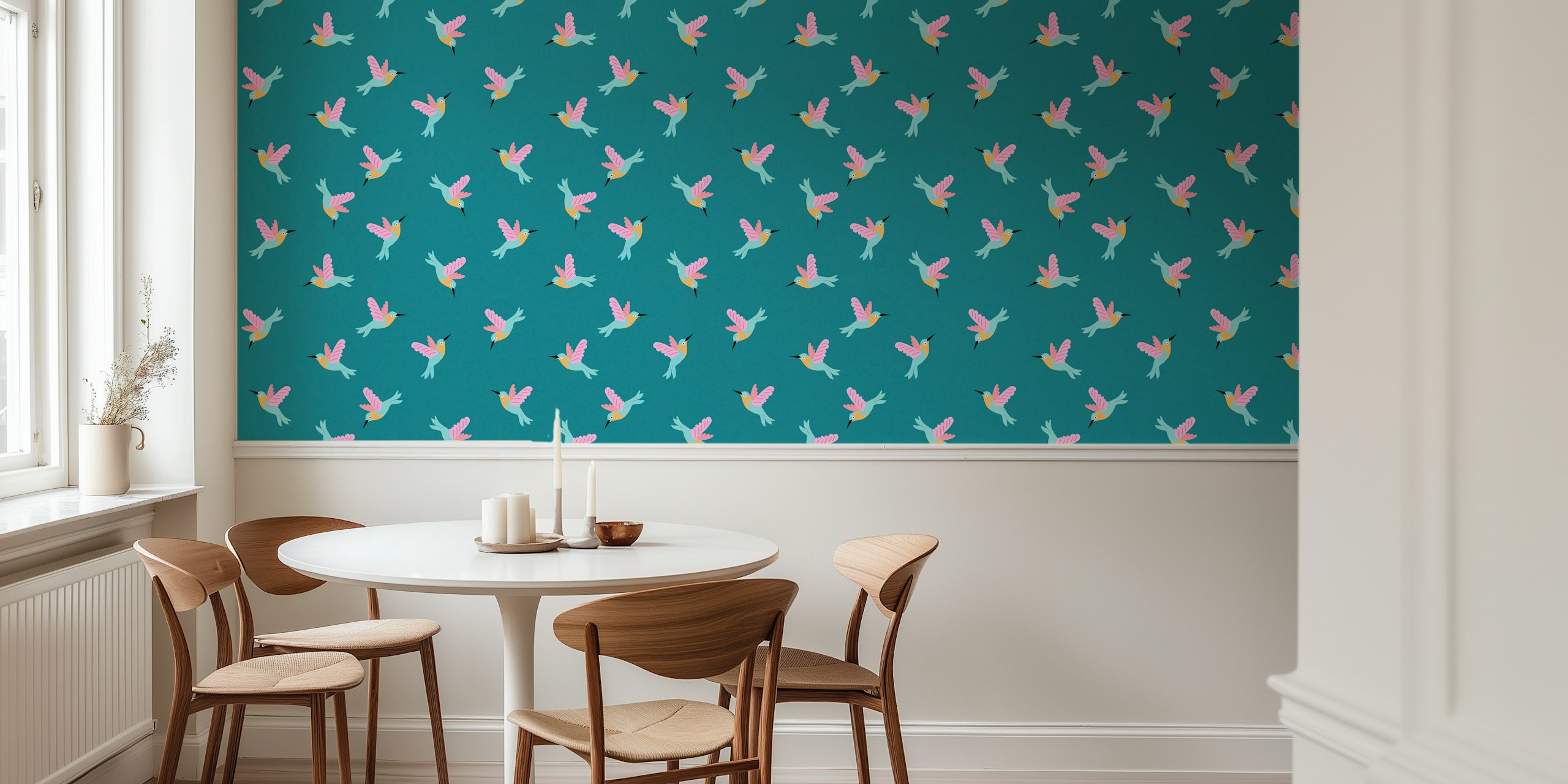Wallpaper featuring hummingbirds on dark teal