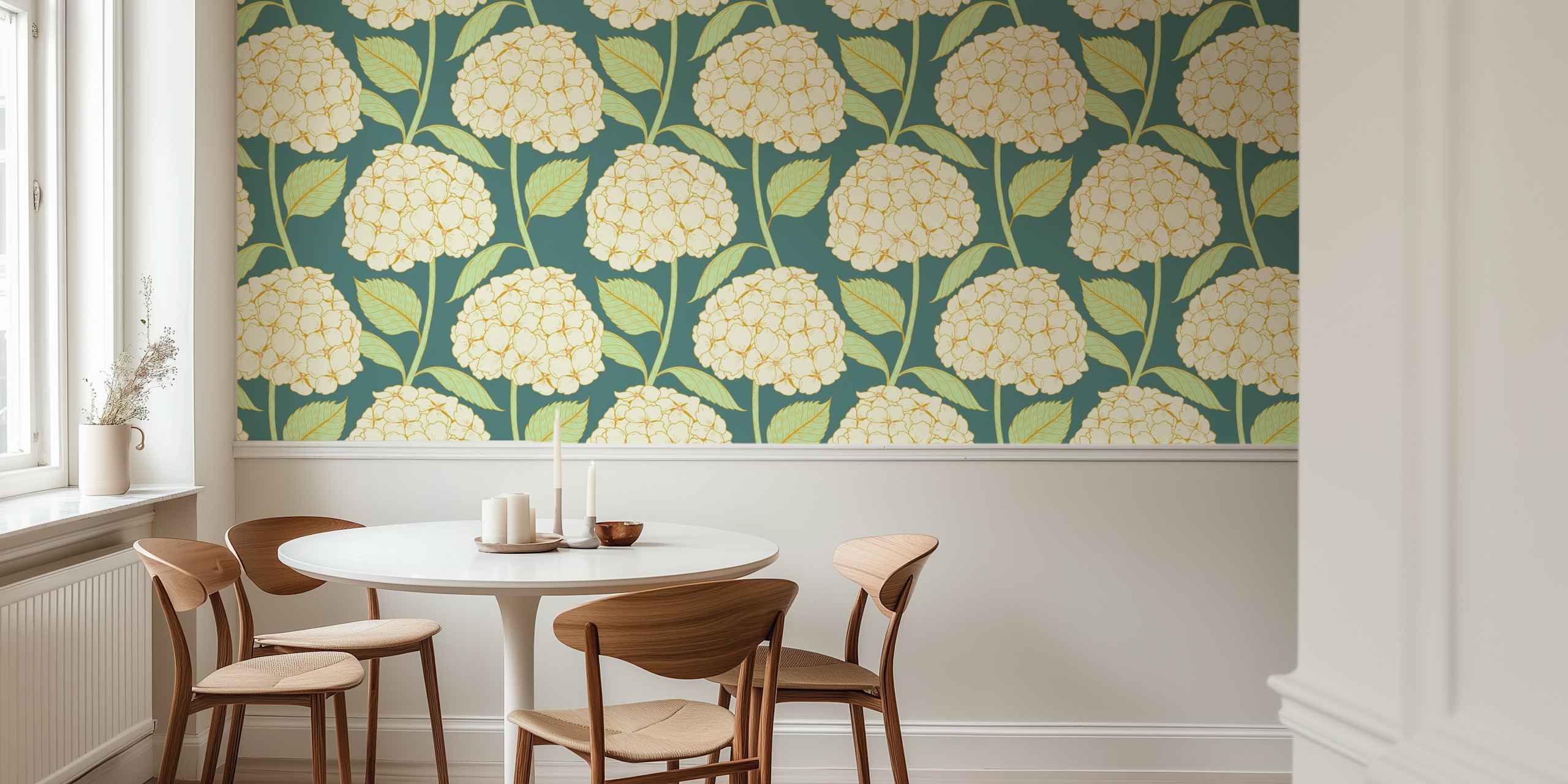 Elegant white hydrangeas with green leaves on a dark green background wall mural