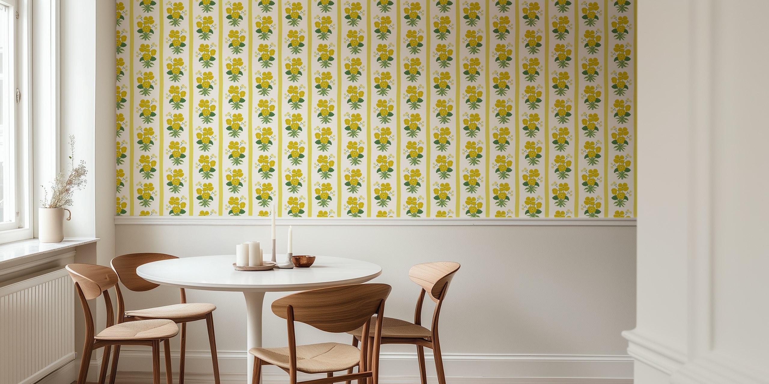 Grandmillennial Poppies Stripe yellow wallpaper in a room