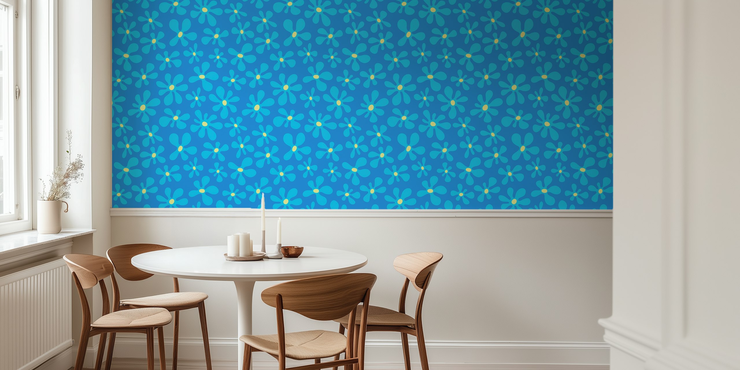 Bright blue background with playful floral designs in yellow and turquoise wallpaper