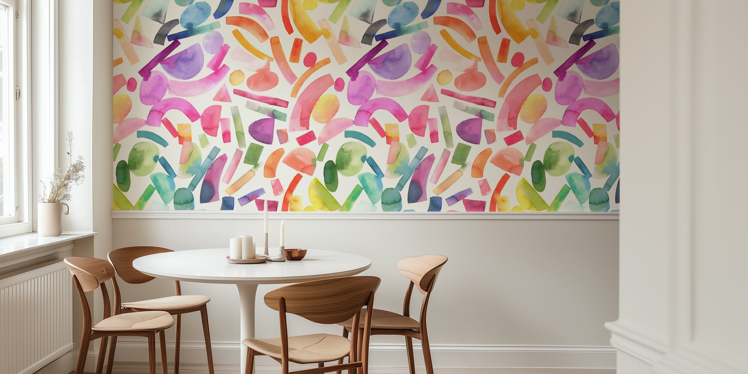 Colorful geometric shapes including pink, green, and blue pattern wallpaper