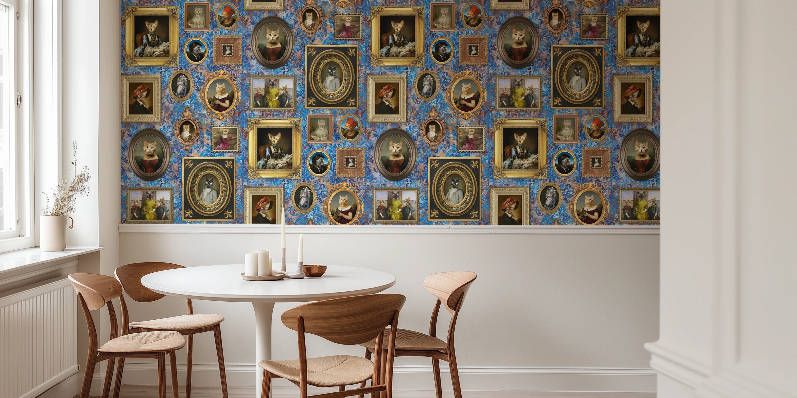Cat Portrait Wallpaper in Cobalt Rust Pattern