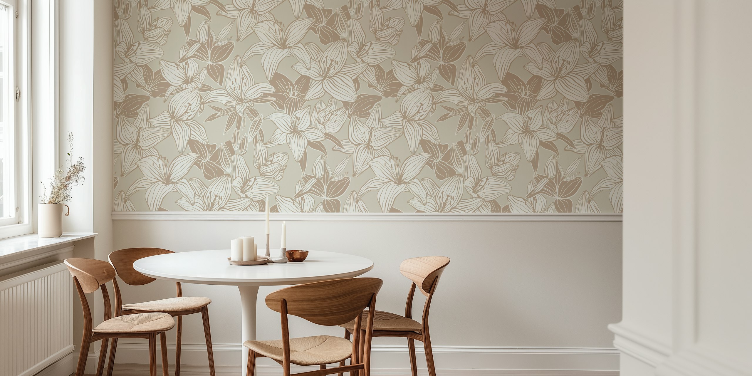 Beige floral wallpaper featuring line drawings of lilies