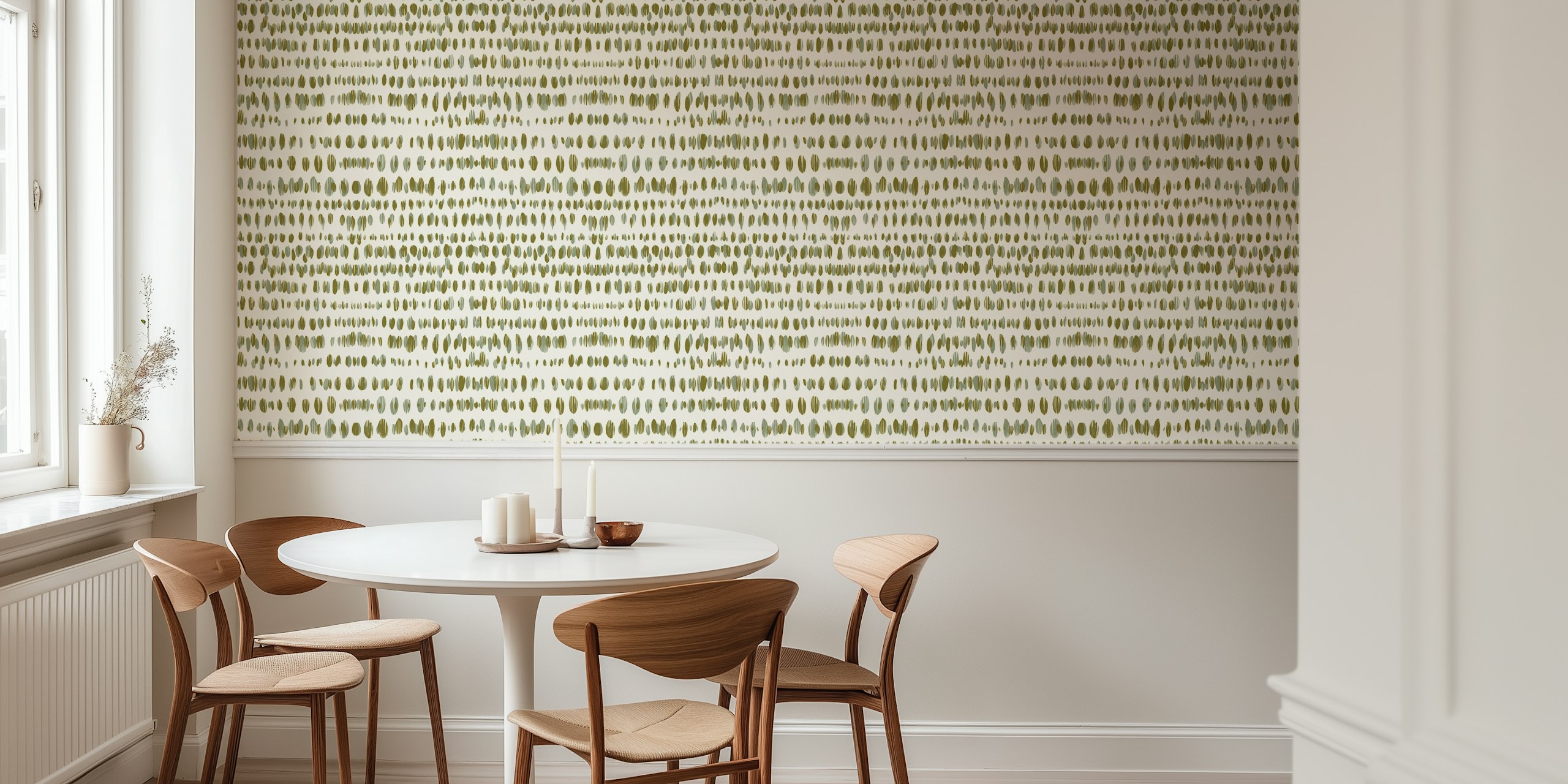 Green dotted pattern on cream wallpaper showcasing wildlife design
