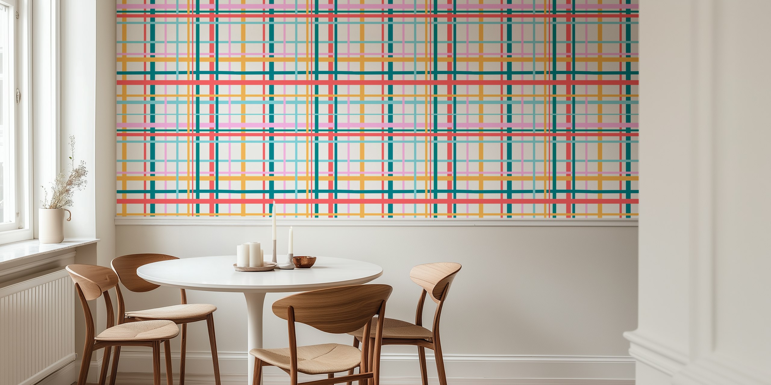 Bright plaid wallpaper in a room setting