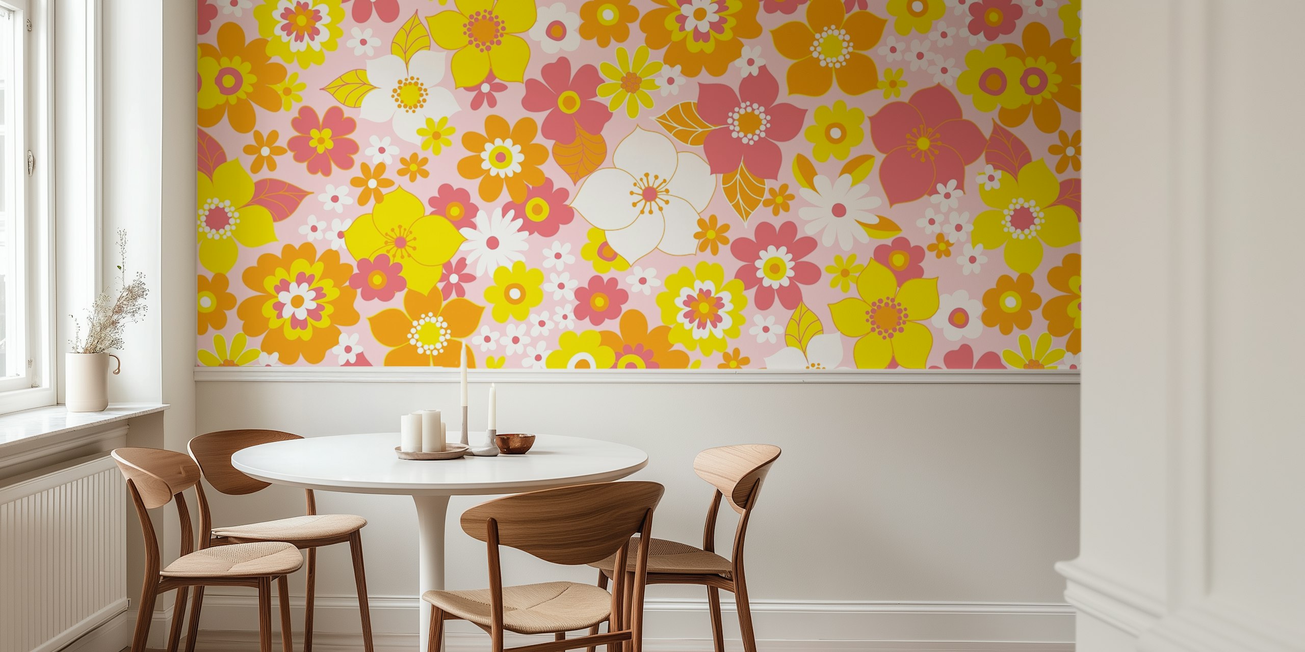 Colorful pink, yellow, and white floral pattern wallpaper