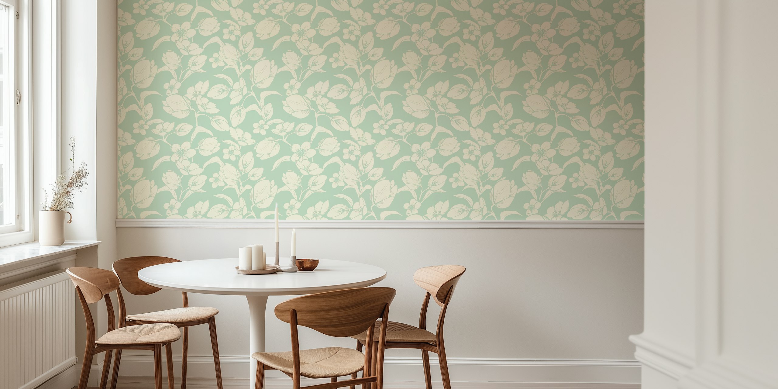Mint floral wallpaper with magnolias and smaller flowers, elegant design