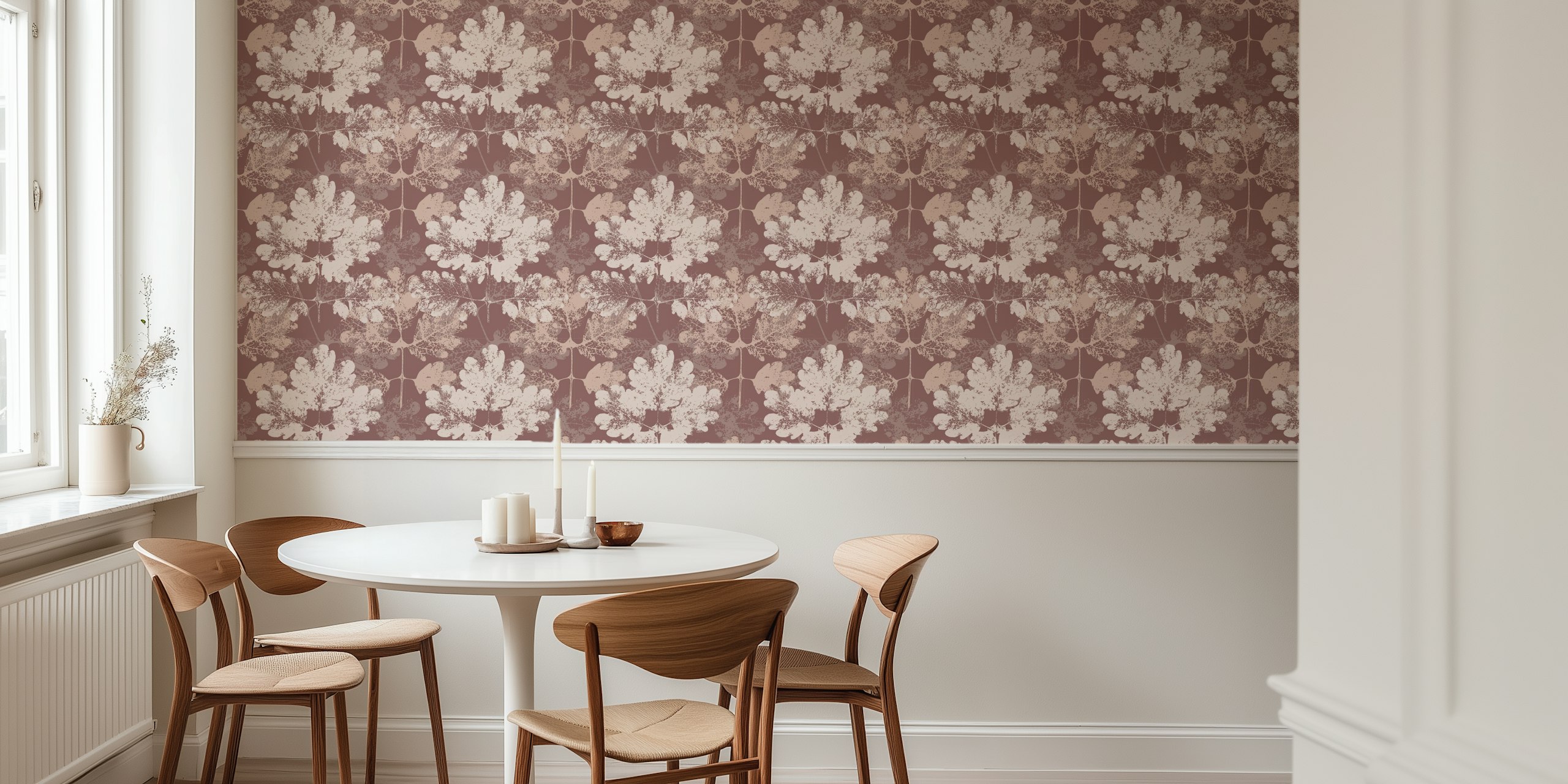 Botanical leaf pattern in soft pink tones wallpaper
