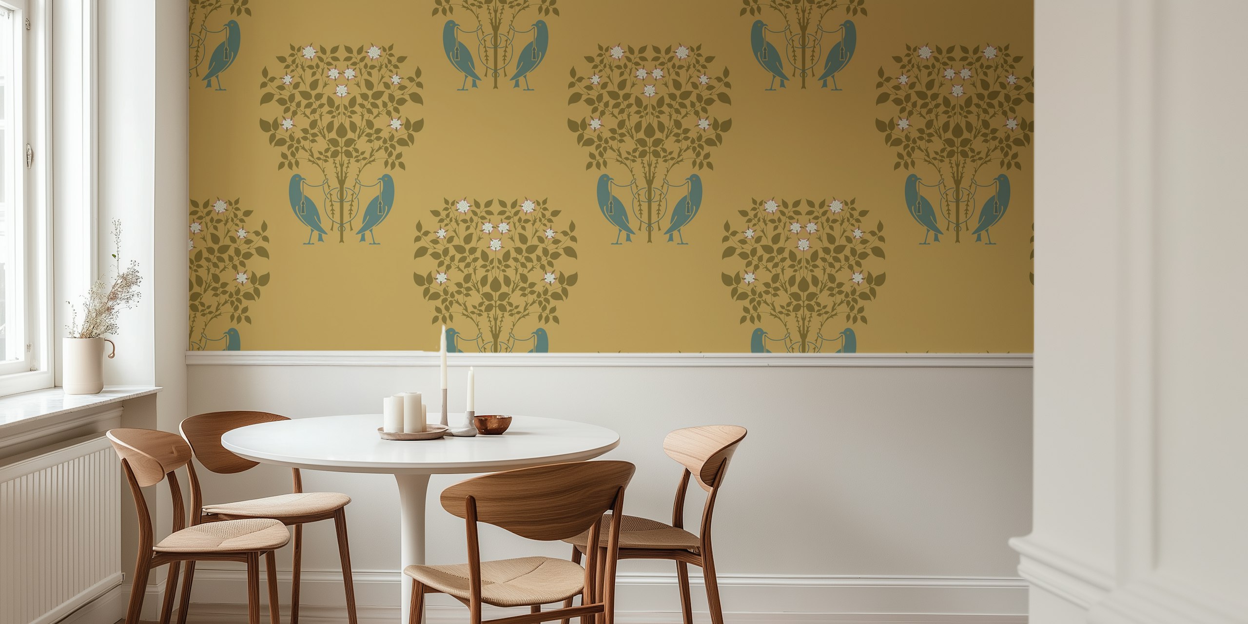 Art Nouveau Birds and Roses wallpaper in a room