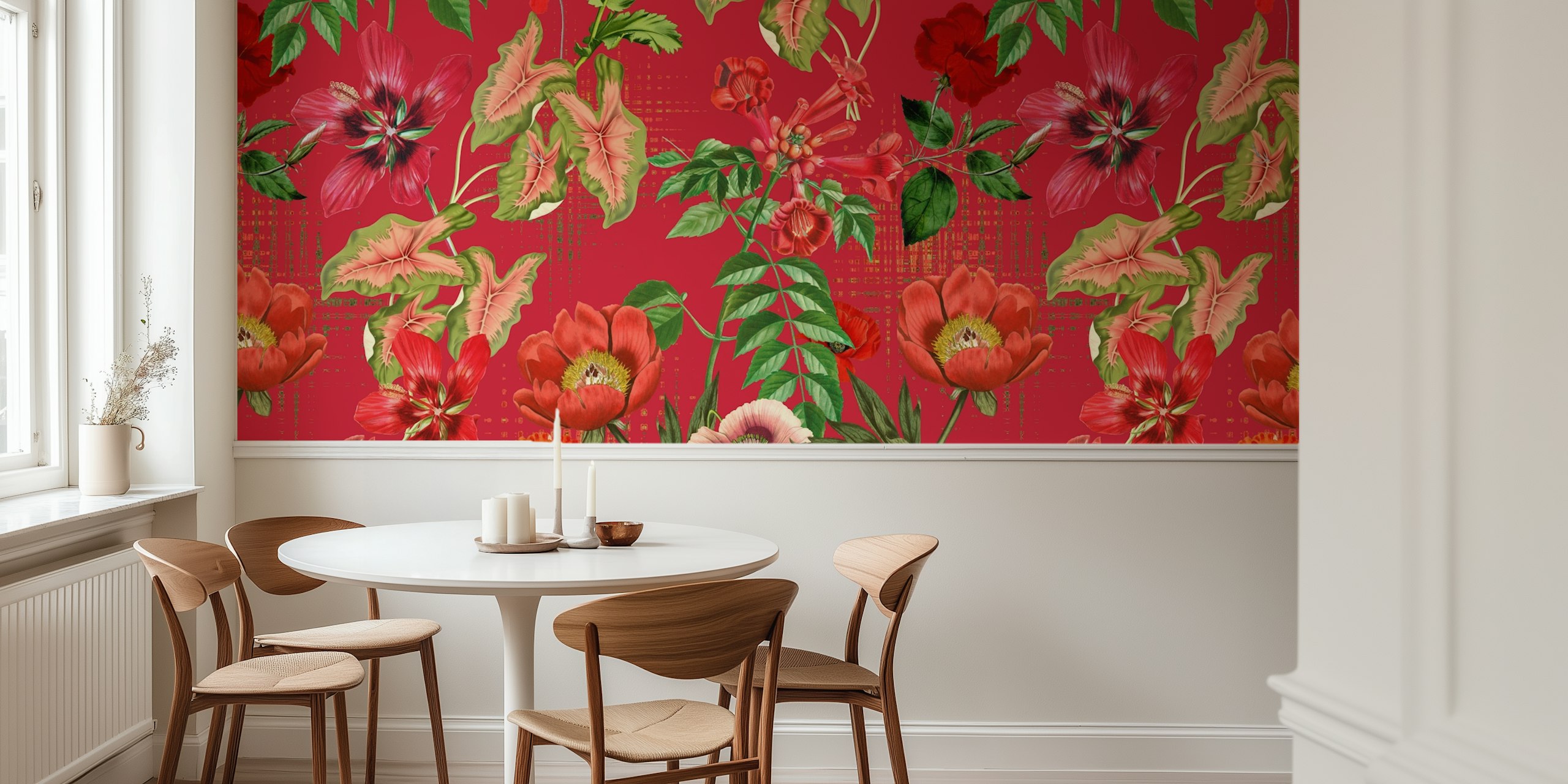 Floral pattern wallpaper with red background and green leaves.