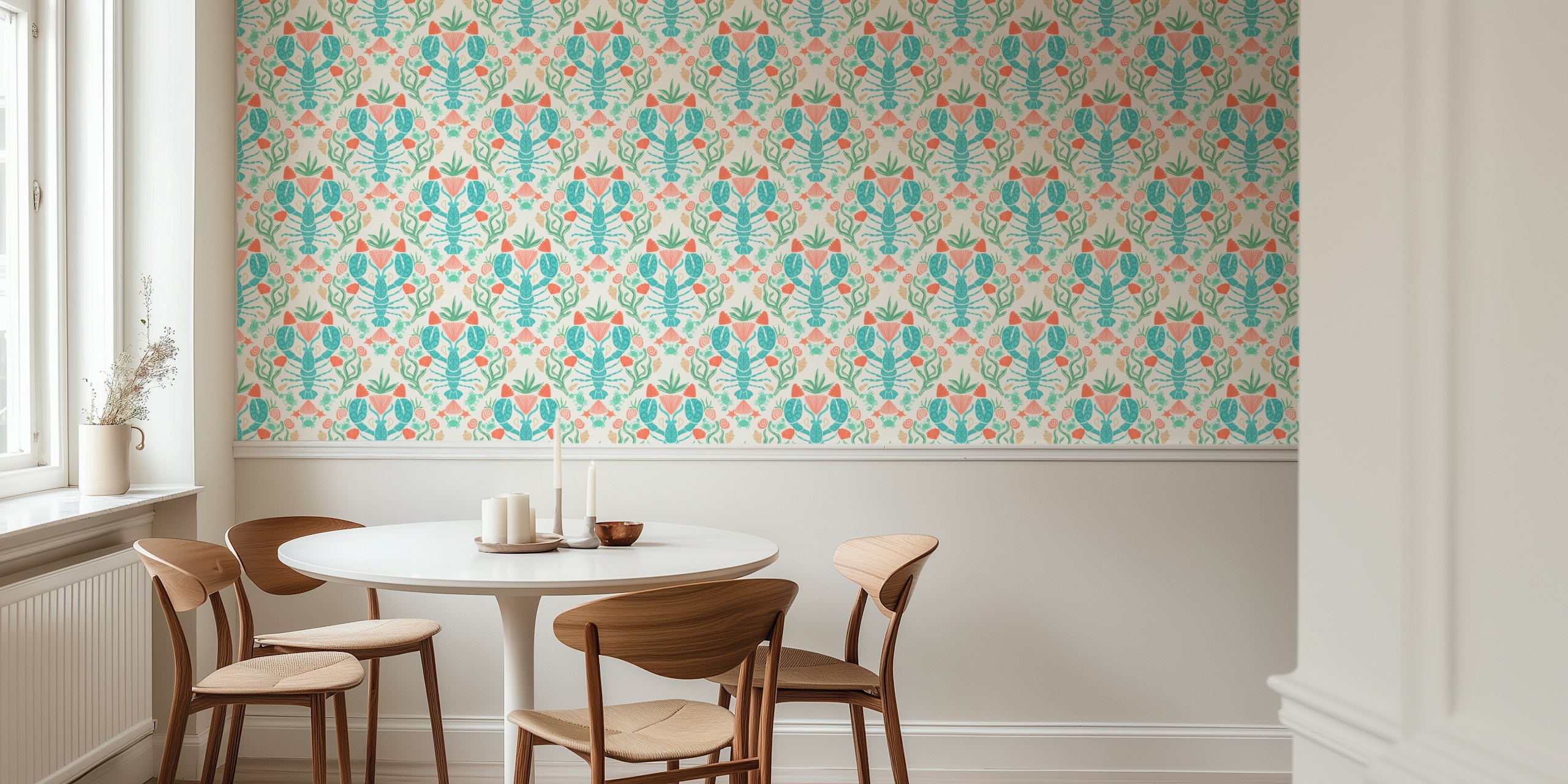 Coastal wallpaper design with lobsters and crabs