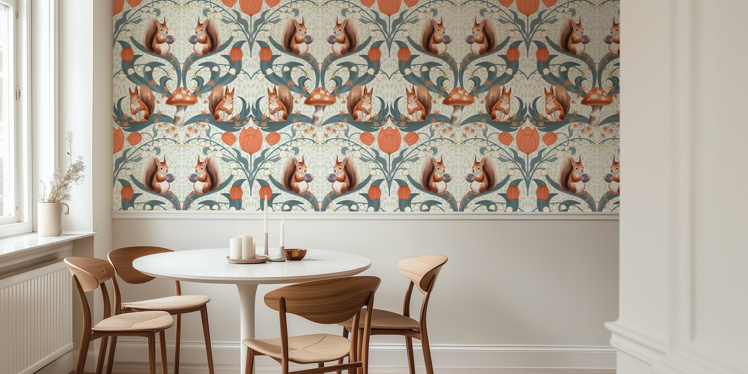 Squirrel and floral pattern in soft tones wallpaper