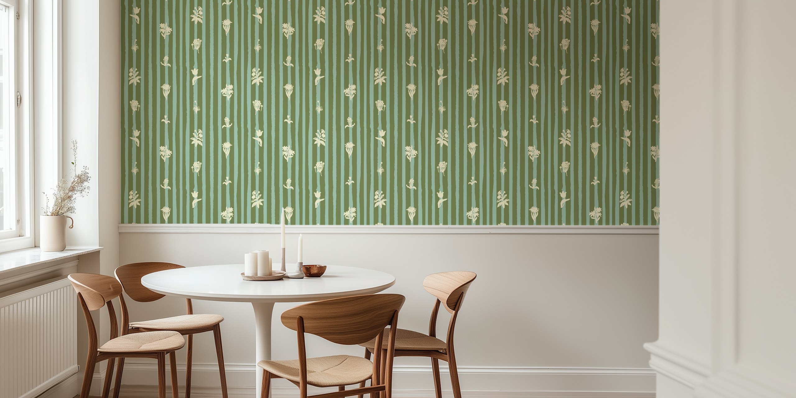 Floral pattern with stripes in sage green and cream wallpaper