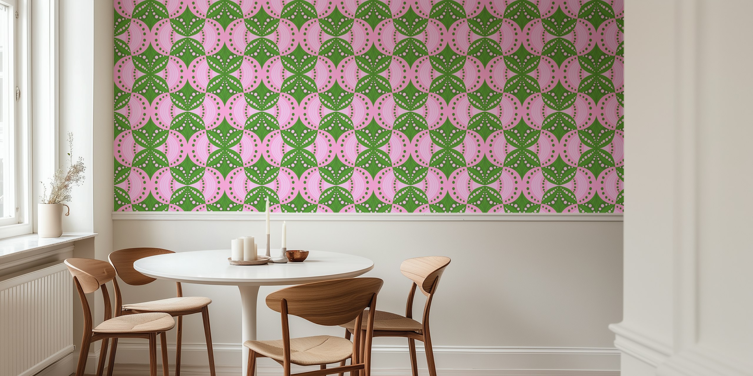 Green and pink geometric scallops wallpaper