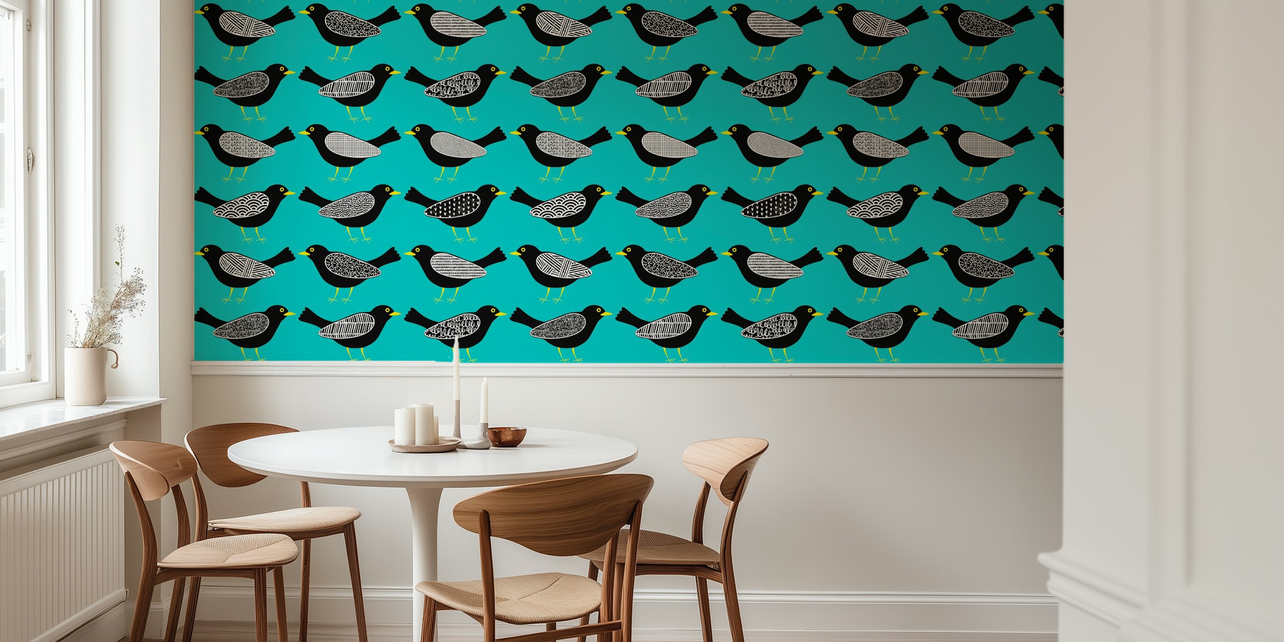 Colorful blackbirds with patterns on robin egg blue wallpaper
