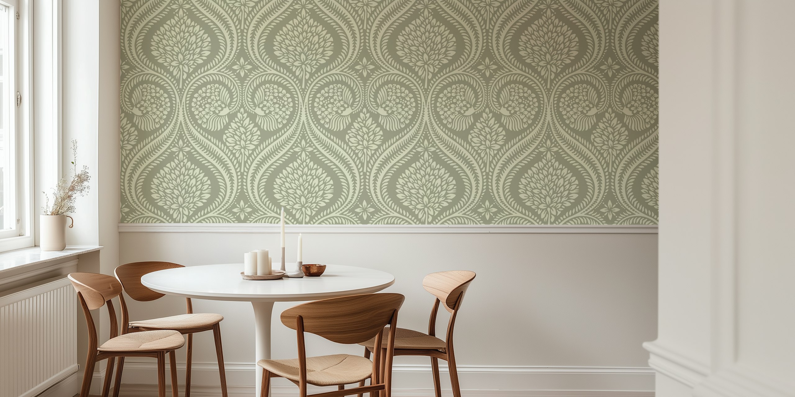 Elegant sage green Florence damask pattern wall mural
