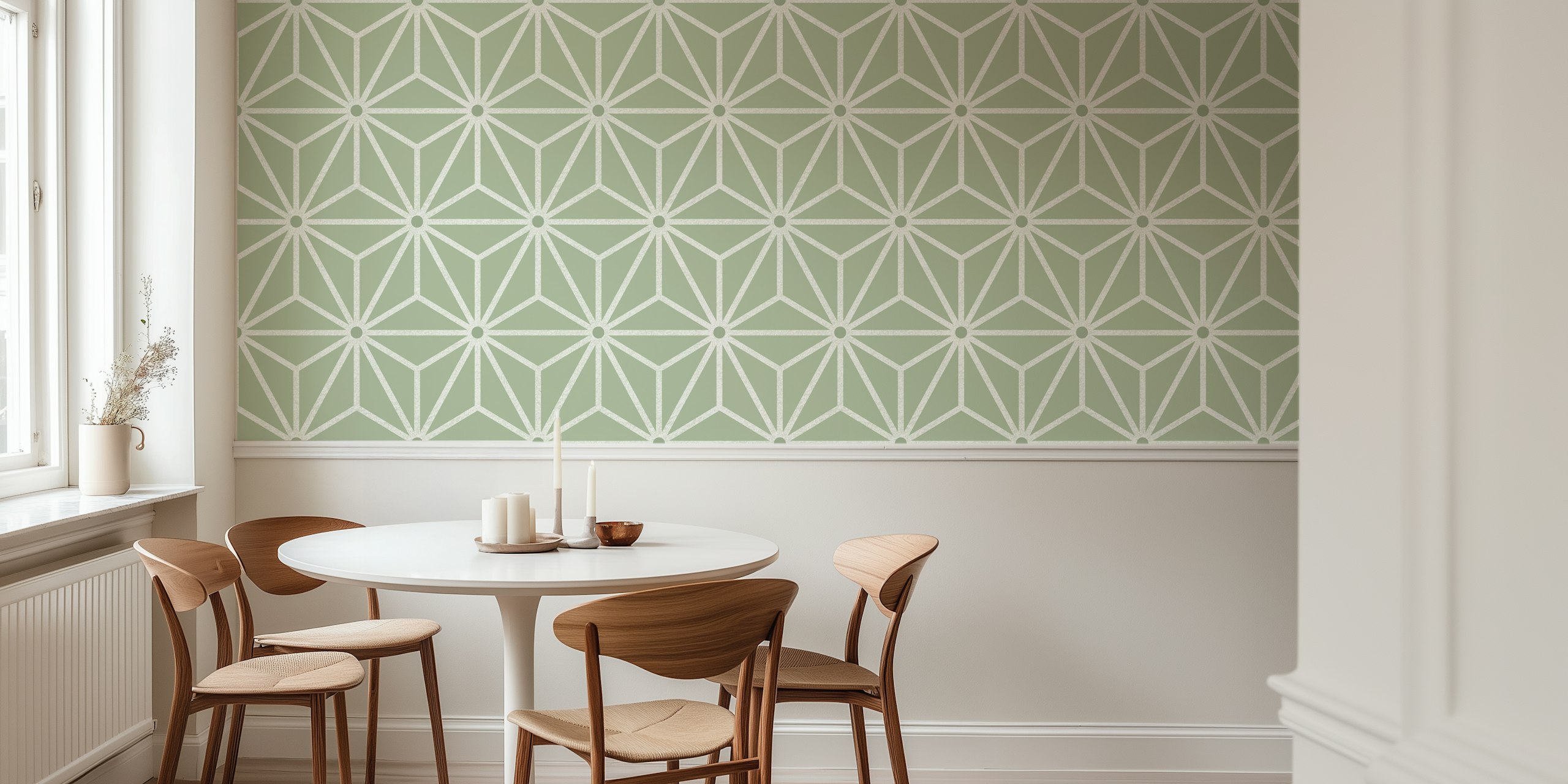 Papel de parede com padrão de estrelas verde sálvia em um quarto