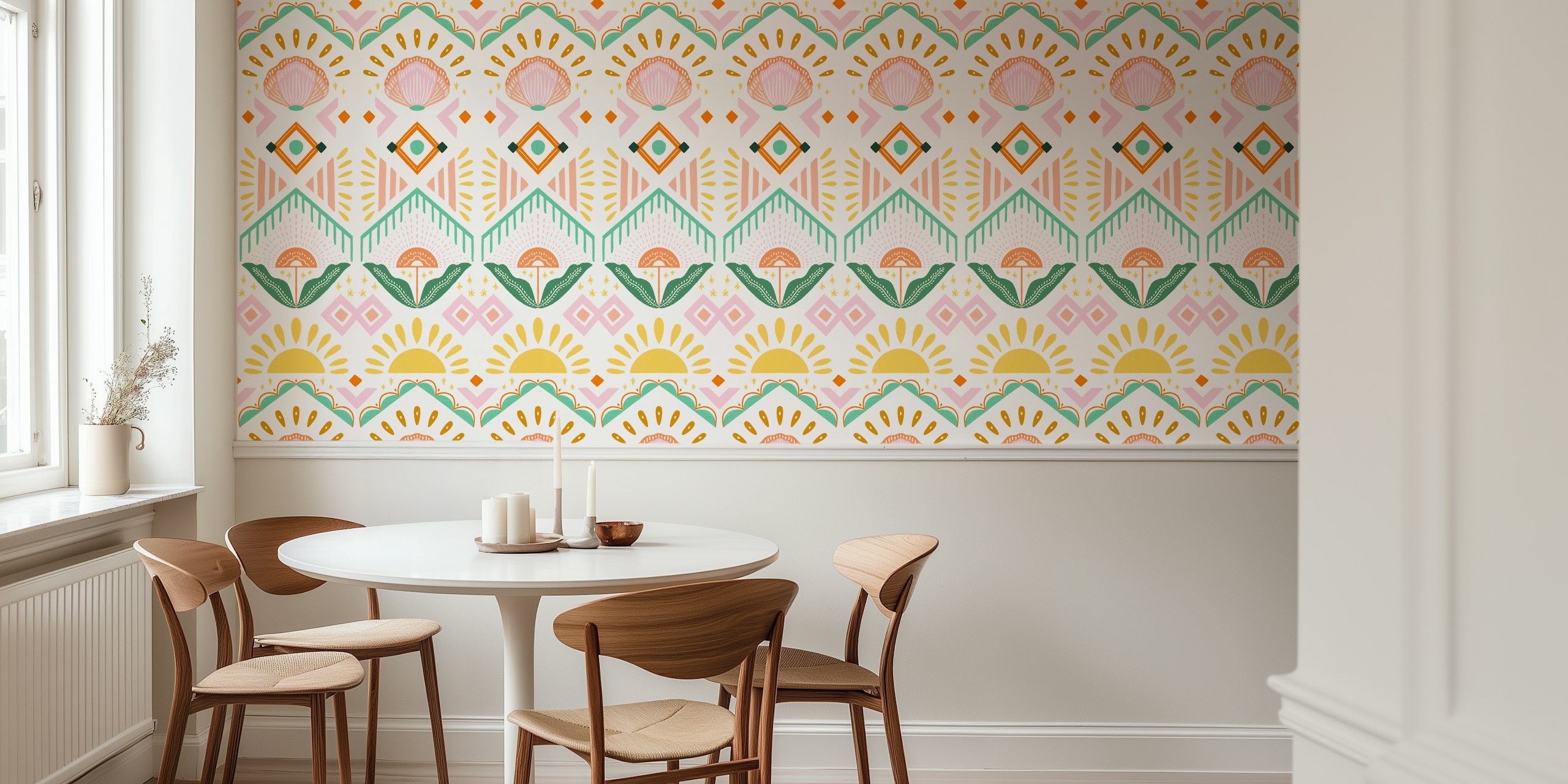 Abstraktes geometrisches Wandbild mit einer lebendigen Mischung aus rosa, orangefarbenen, grünen und gelben Formen und Mustern.
