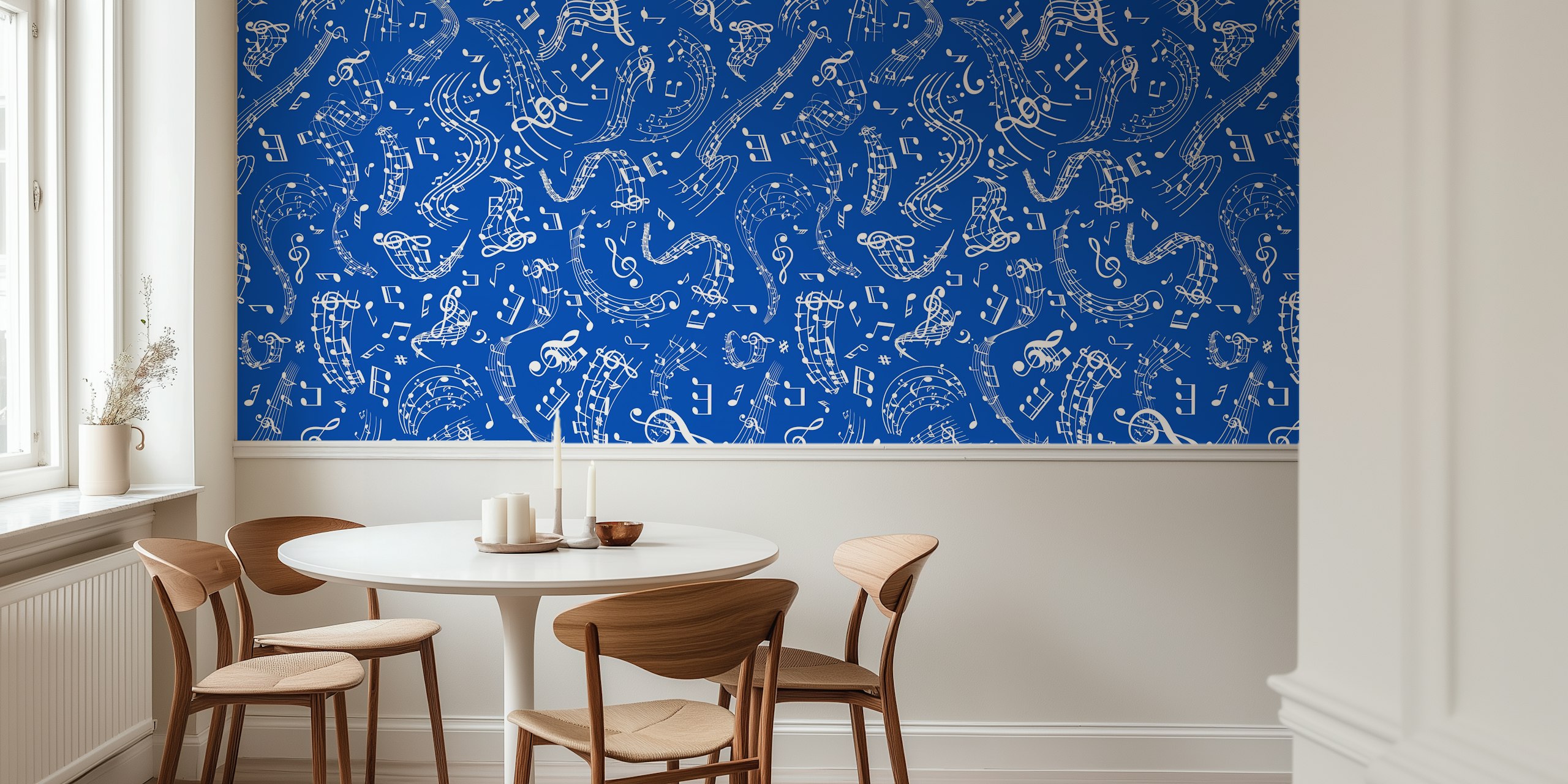 Cobalt blue wall mural with white music notes and symbols pattern