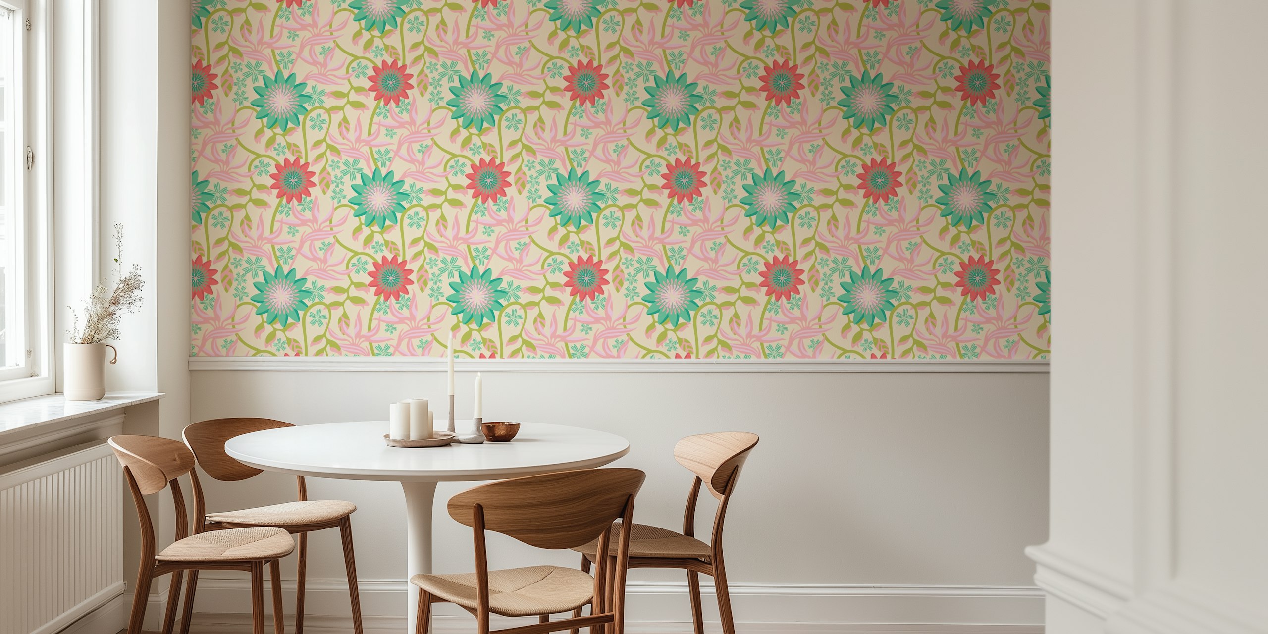 Tropical floral pastel wallpaper in a room