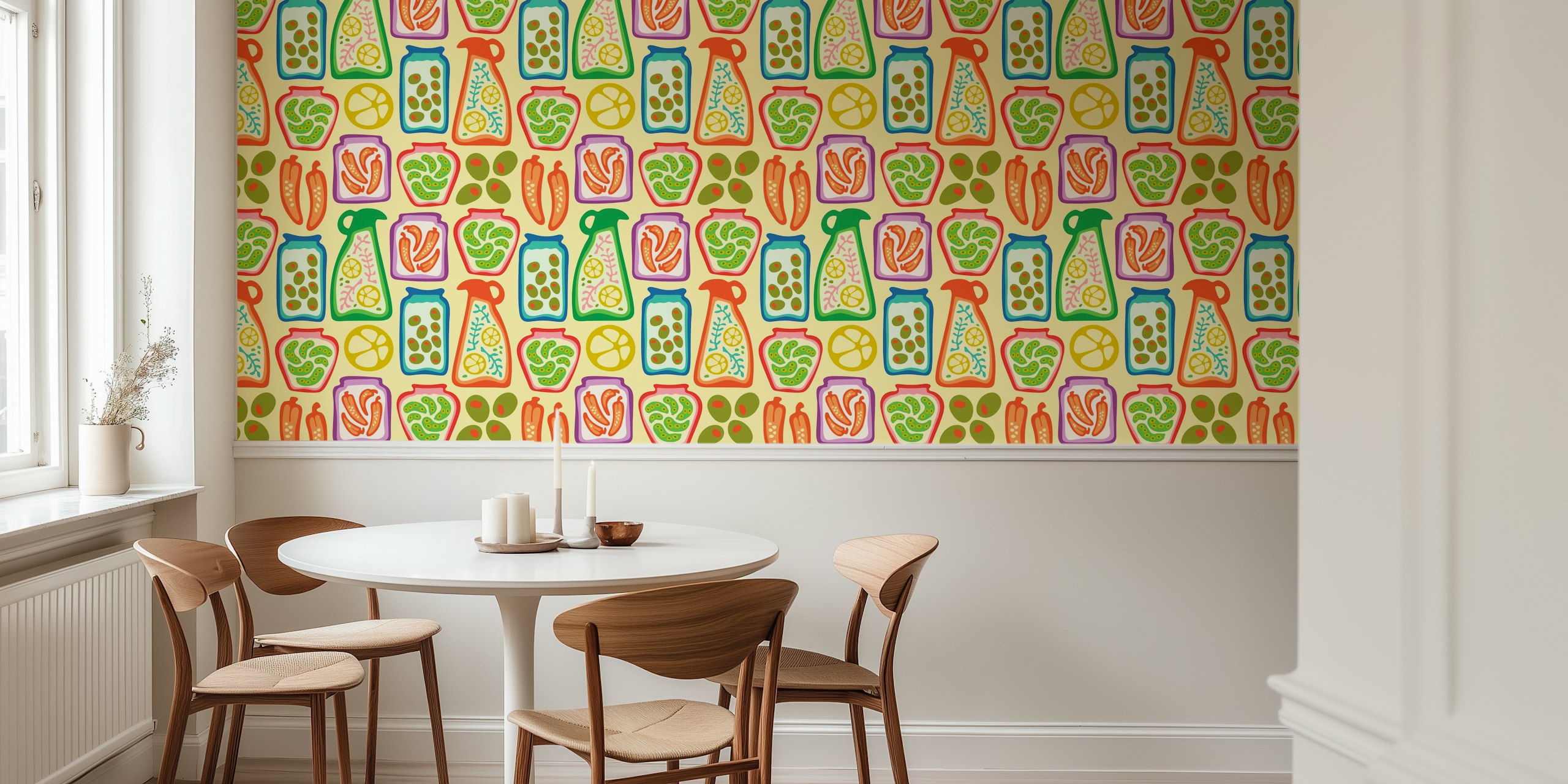 Vintage retro gourmet food jars wallpaper in a room