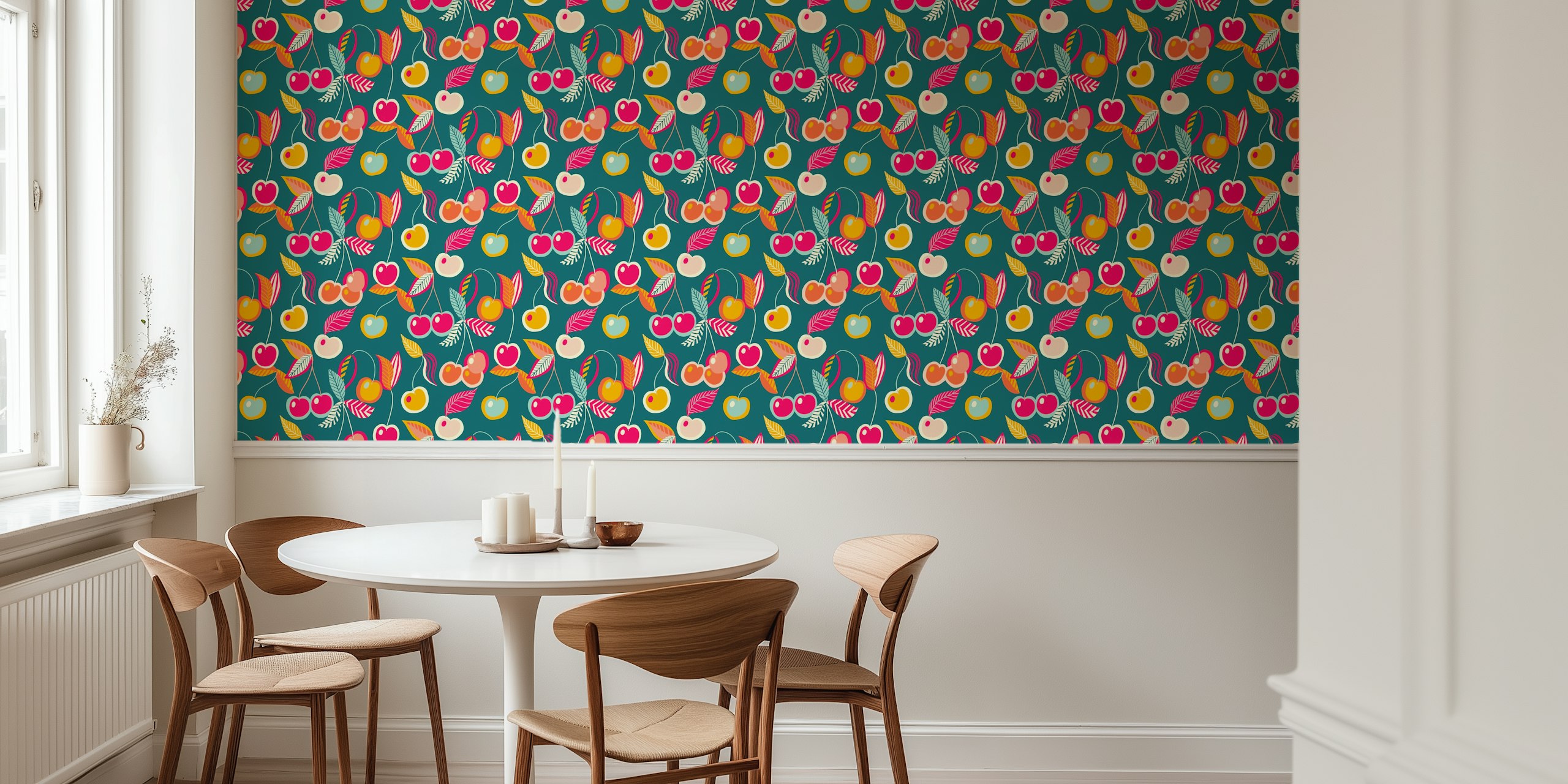 Colorful cherry fruit design with pink, teal, and orange colors wallpaper