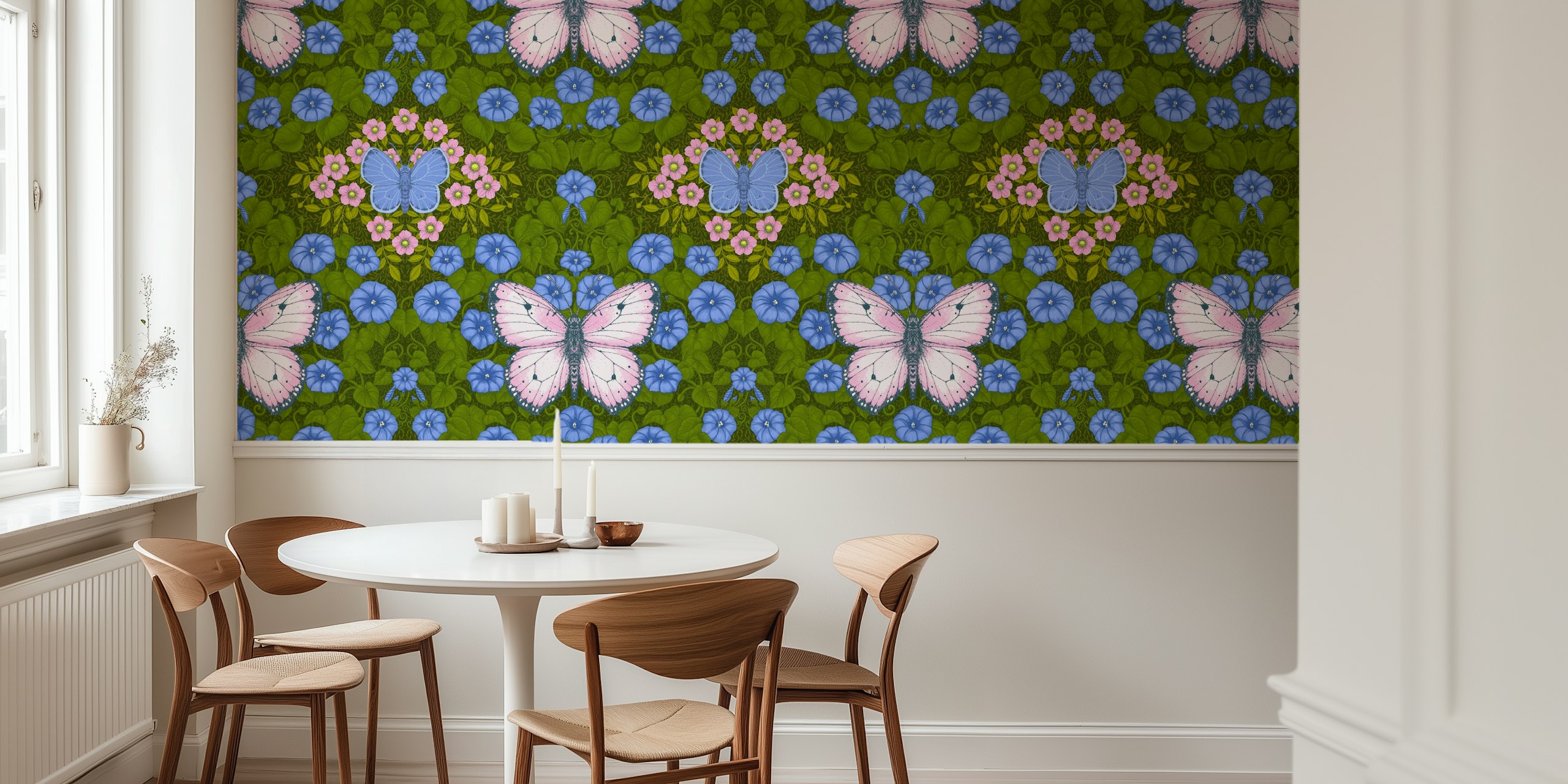 Blue butterflies and purple flowers with green foliage wallpaper
