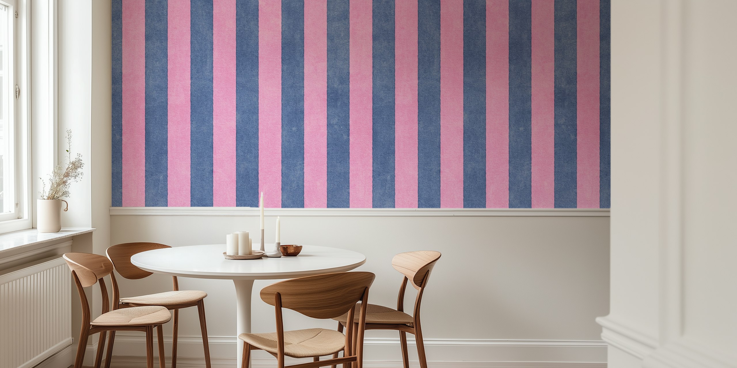 Pink and blue striped wallpaper on textured background