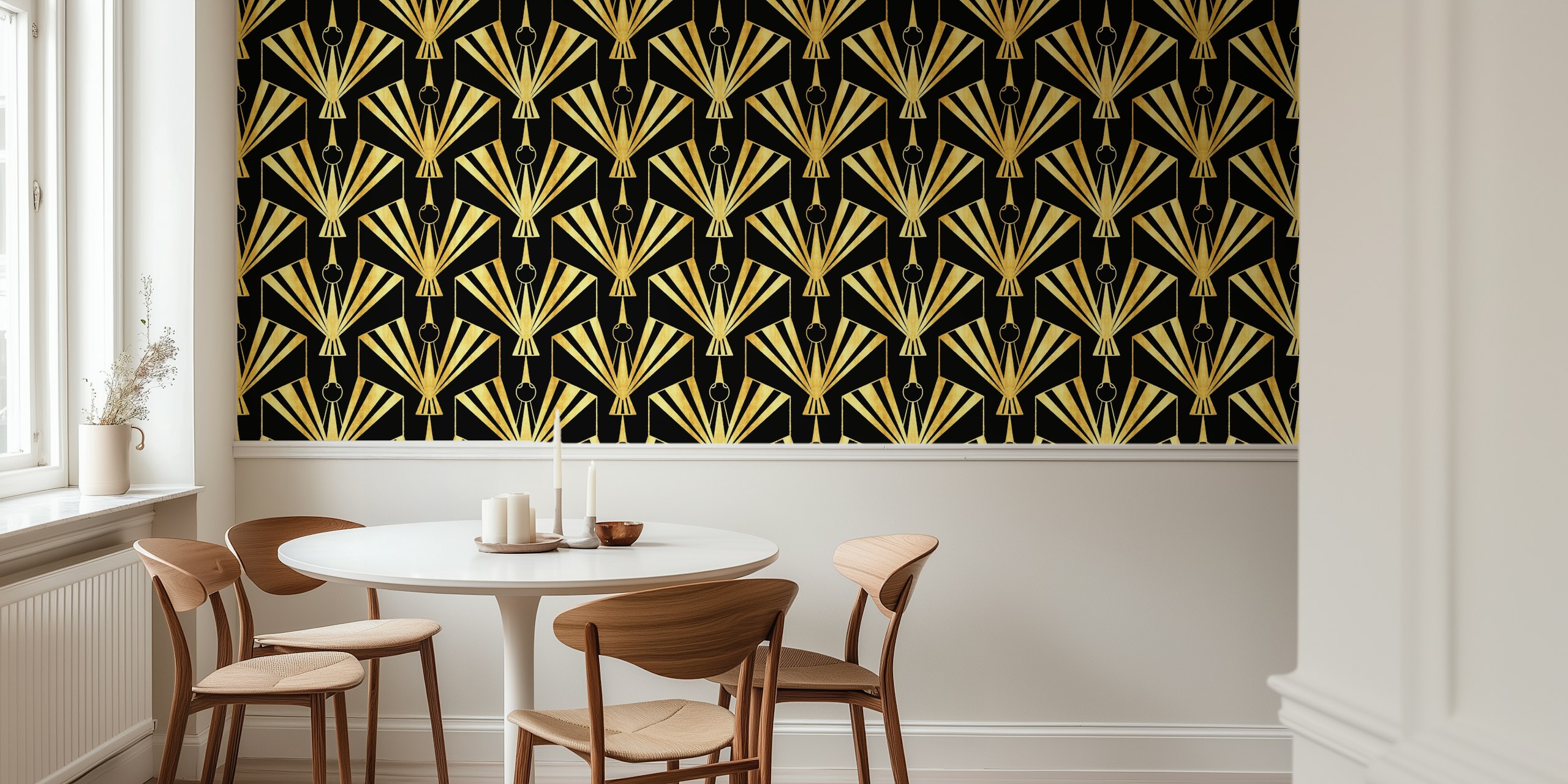 Decorazione murale Art Déco in oro e nero con gru, design di uccelli e ventagli