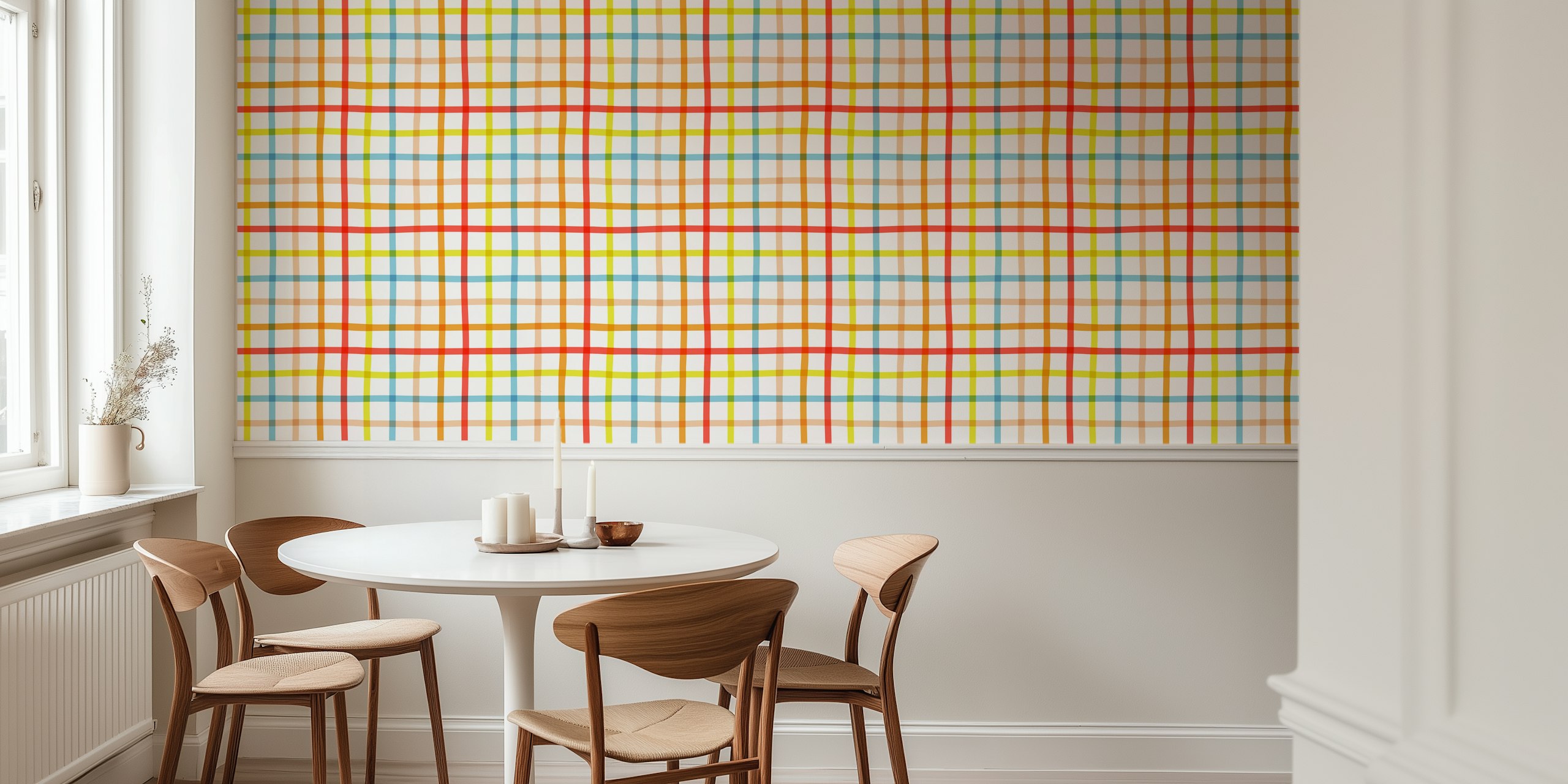 Colorful gingham pattern wallpaper with red, blue, yellow lines on white background
