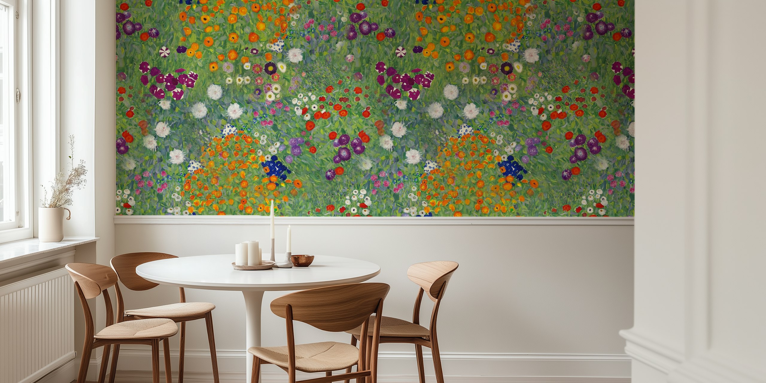 Flower garden pattern with colorful blooms on green background wallpaper
