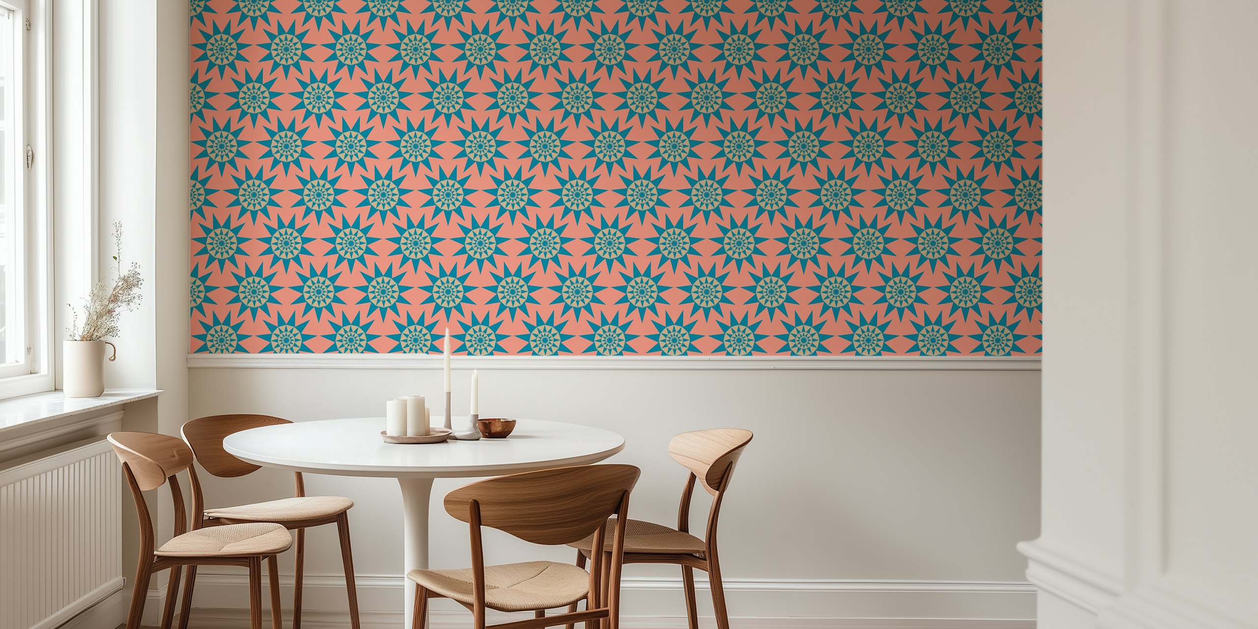 Retro geometric sun star wallpaper in a room