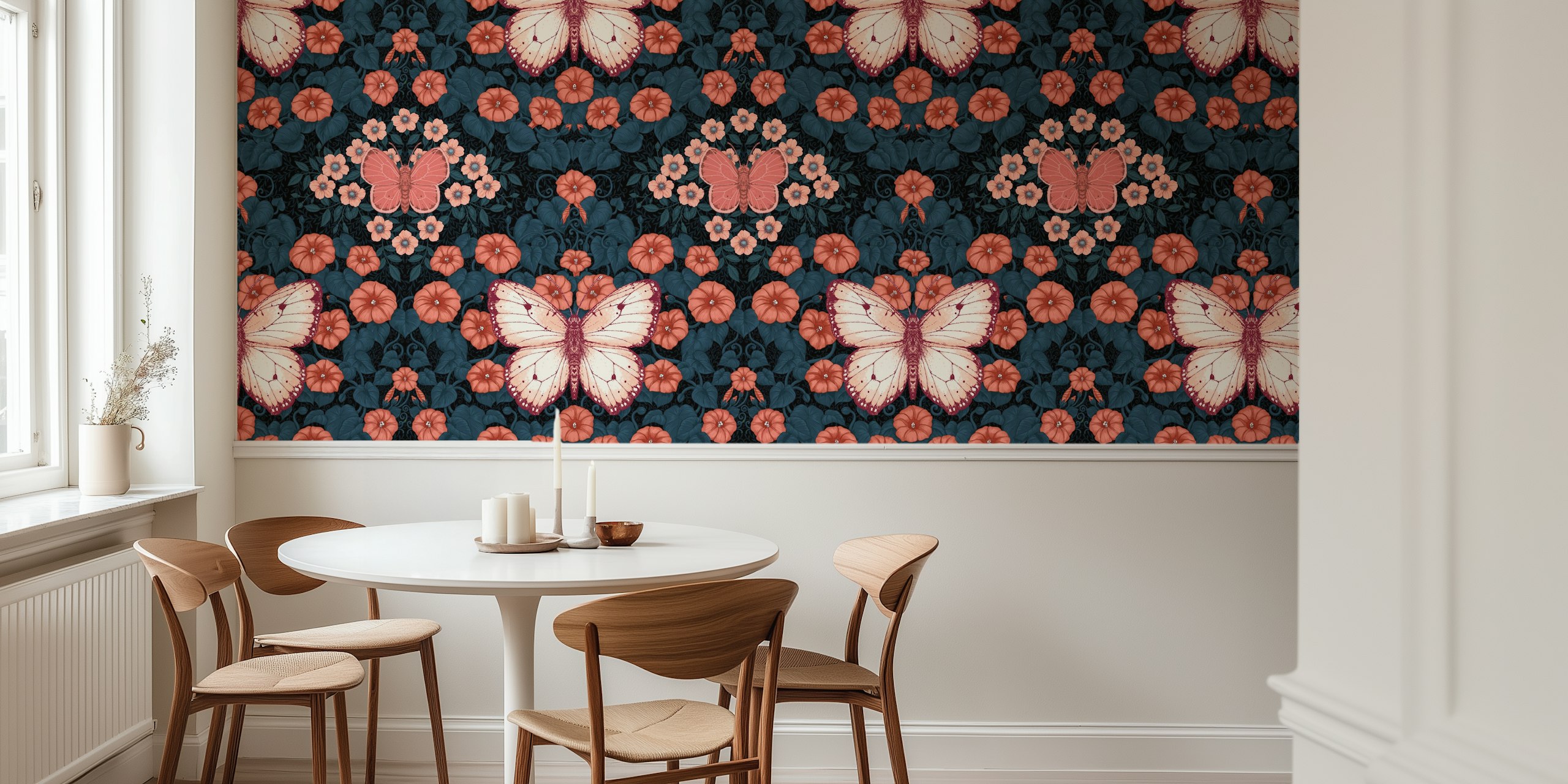 Symmetrical butterflies and flowers wall mural in shades of blue and pink