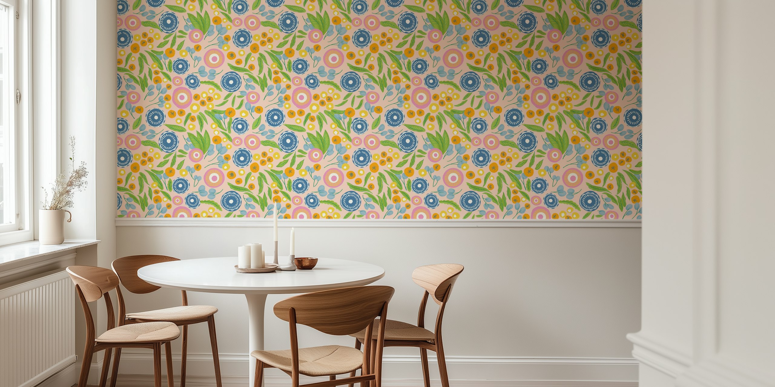 Botanical Mod Boho Floral Pink wallpaper in a room
