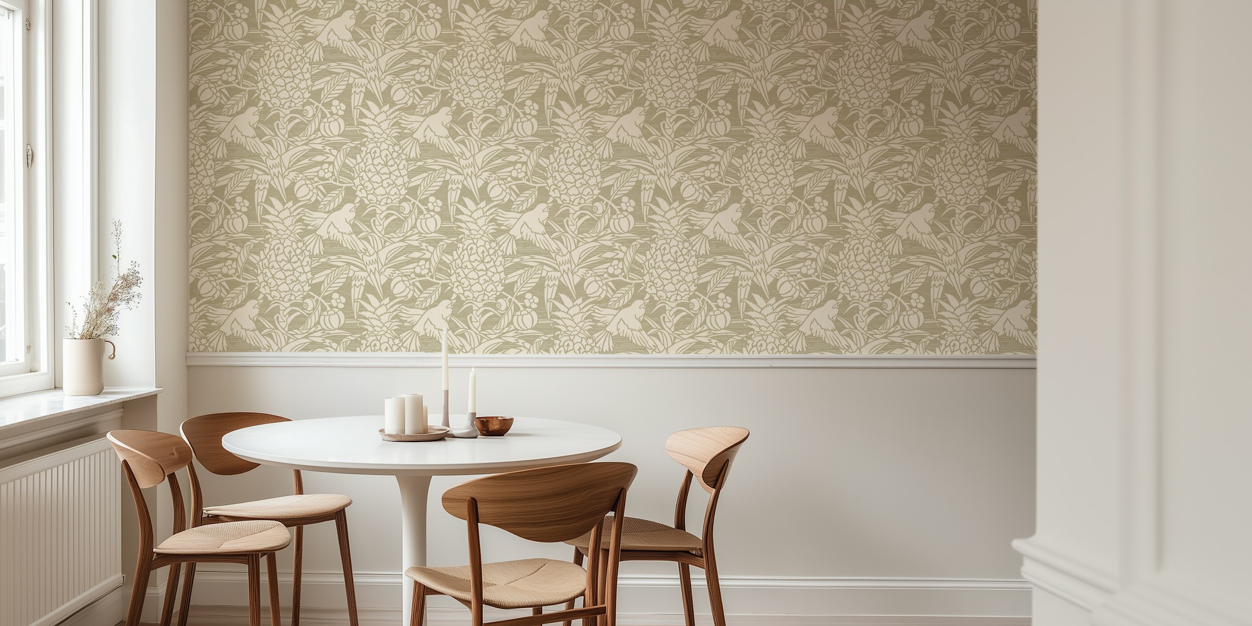 Tropical pineapple and parrot pattern in sand color wallpaper
