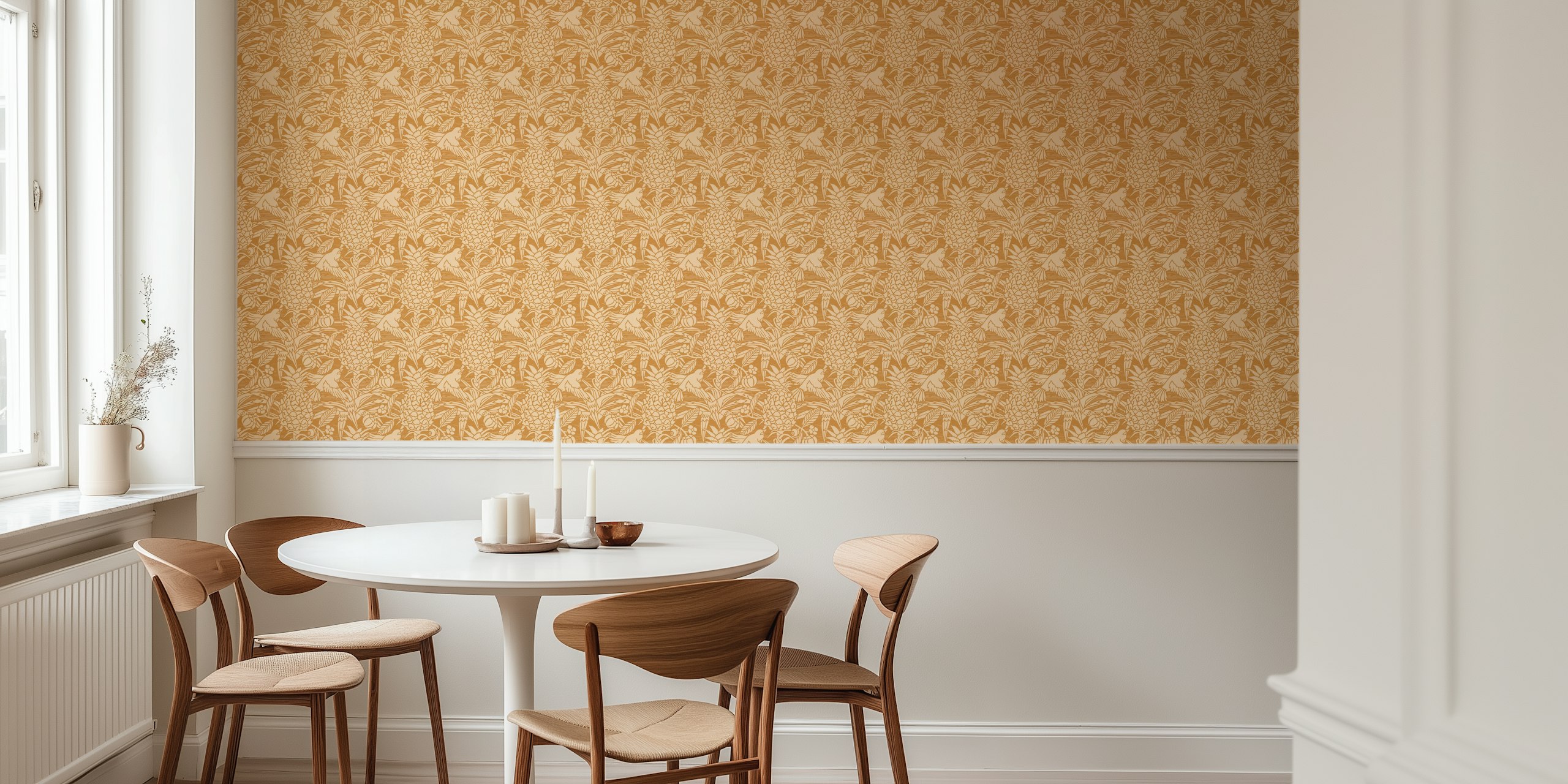 Tropicana damask golden behang in een kamer