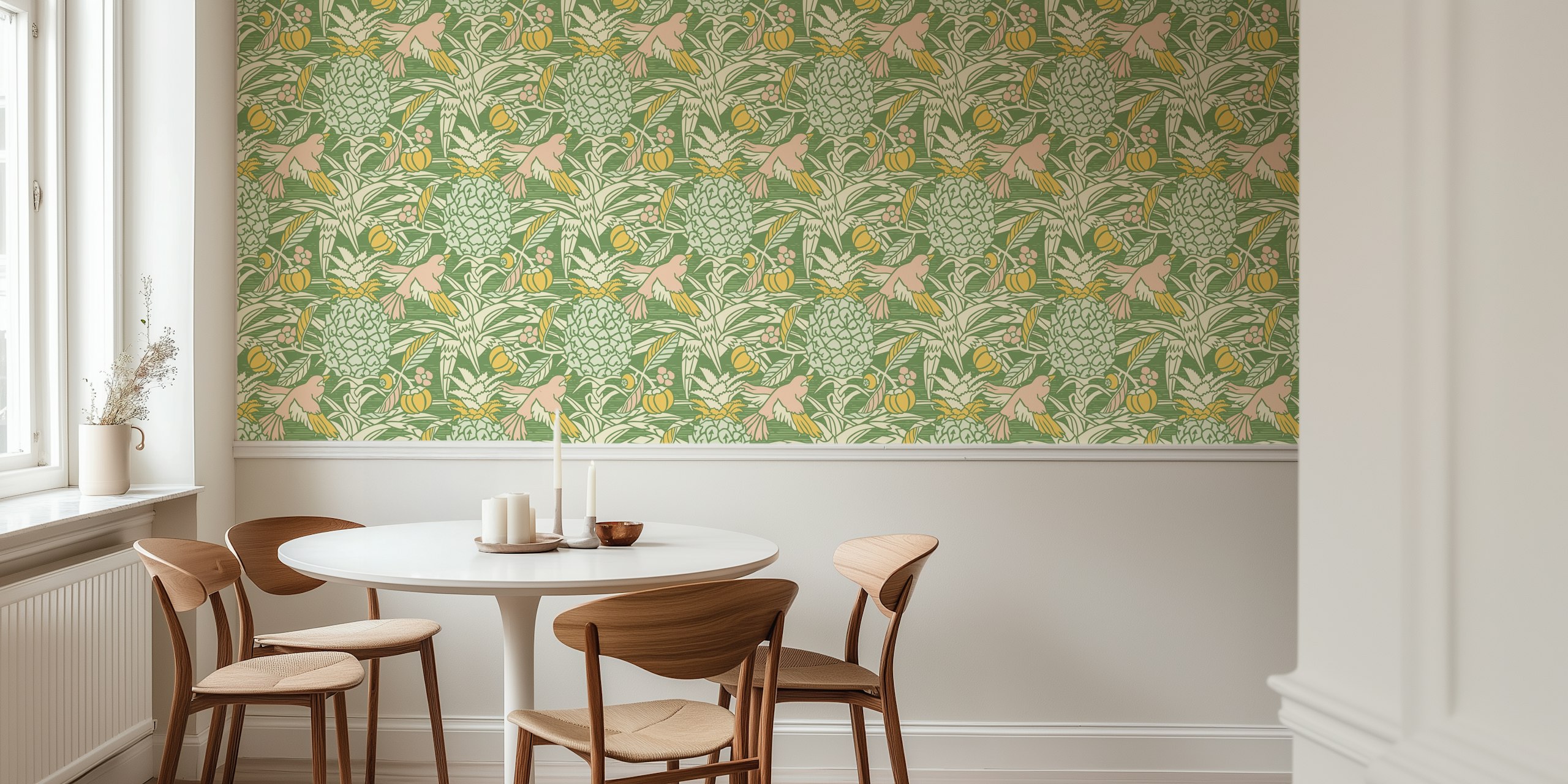 Tropical pineapple and bird motif in green, pink, and yellow wallpaper