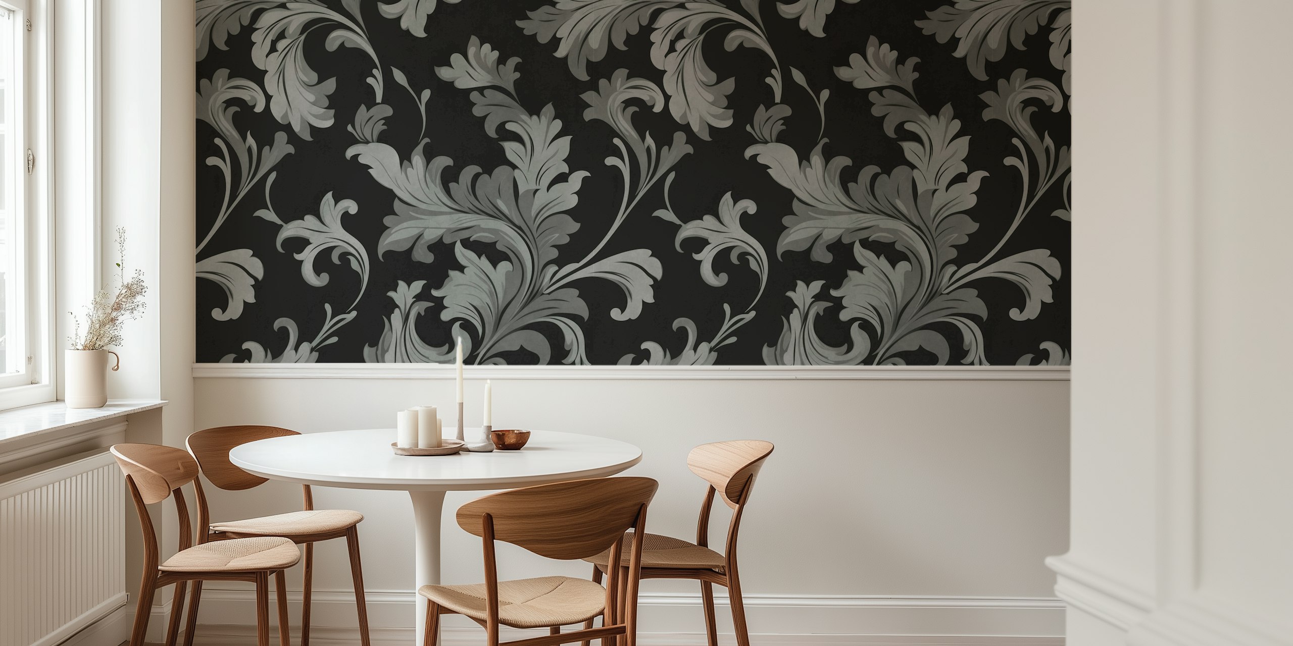 Vintage Victorian Swirl Opulence i grå og sort til vægmaleri
