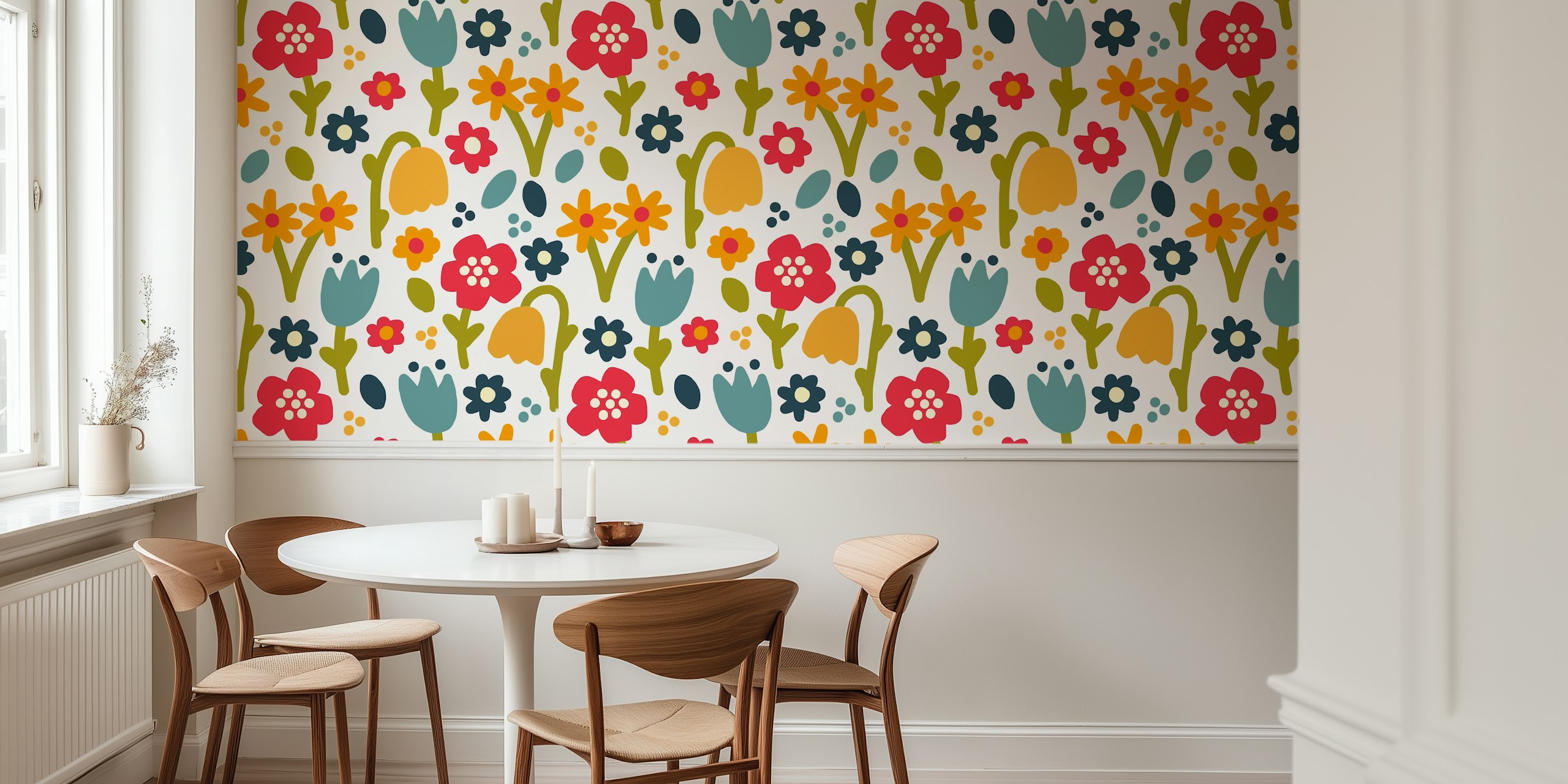Playful meadow bright floral wallpaper in a room