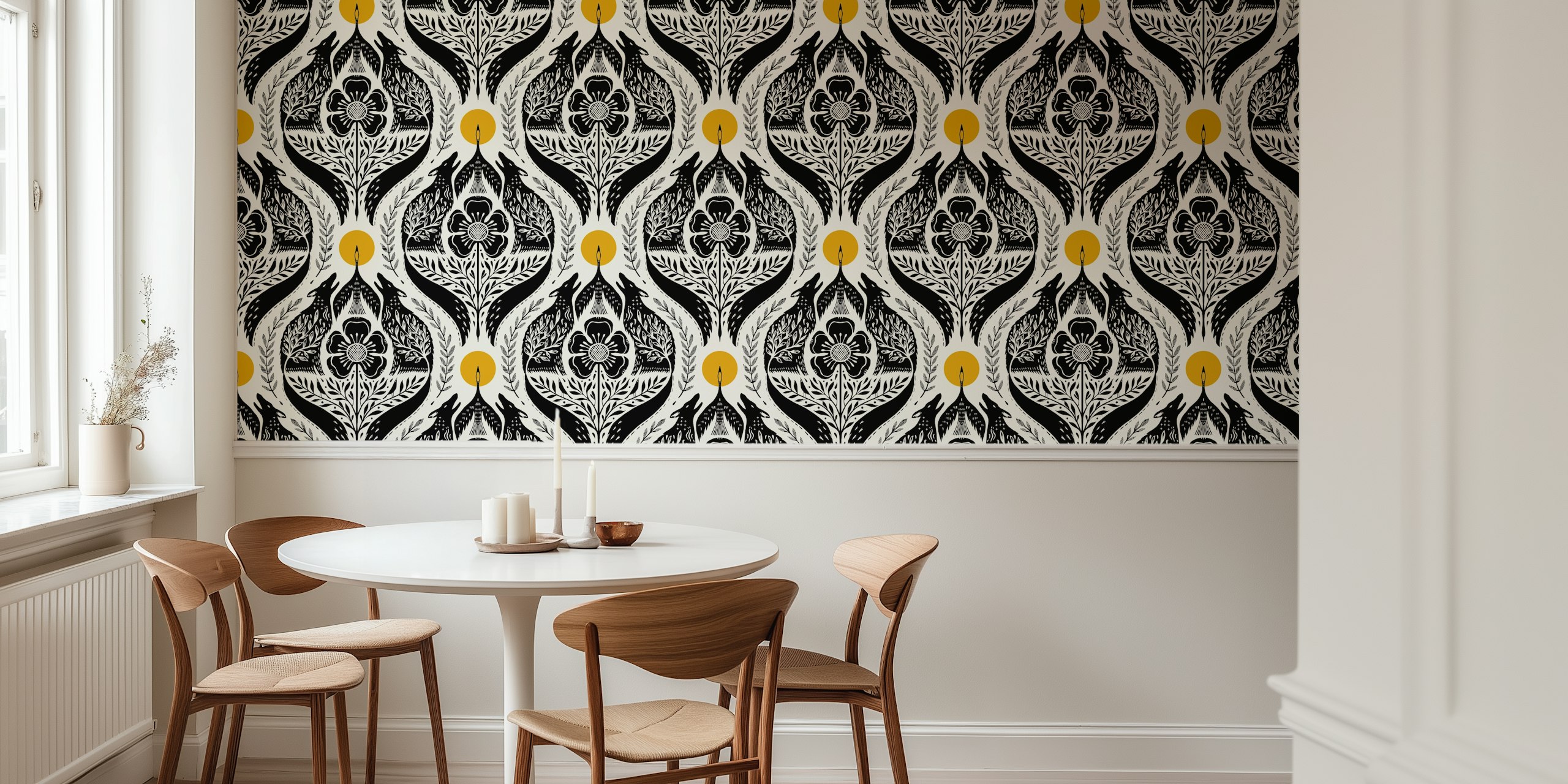 Black and white wolf and floral design wallpaper