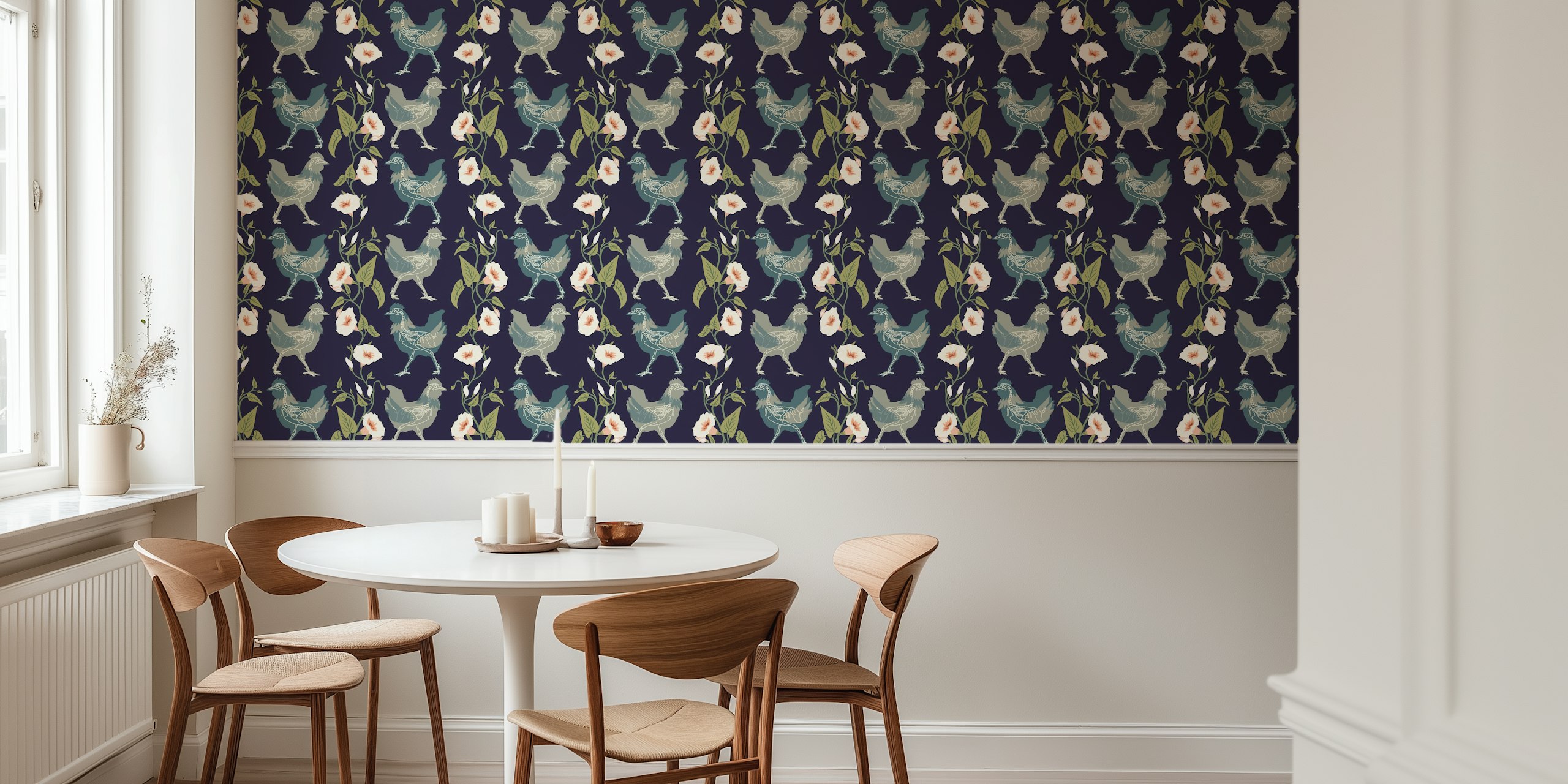 Gothic cottage chicken dark blue wallpaper with floral accents